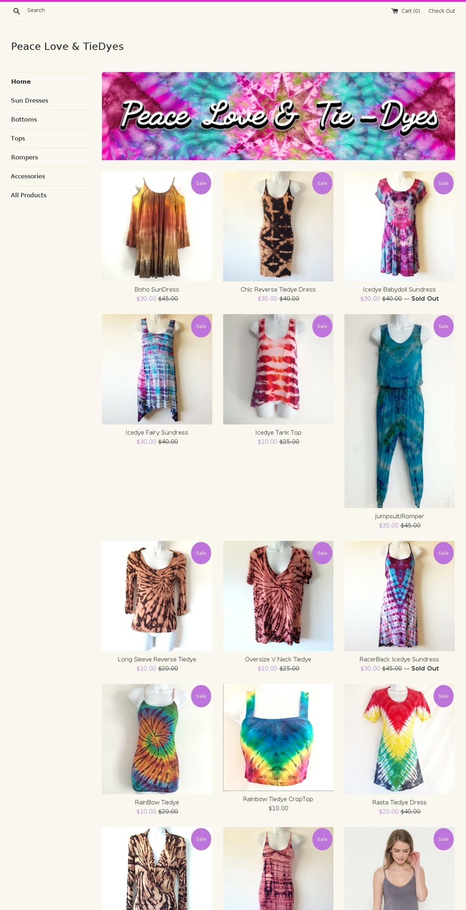 peaceloveandtiedyes.com shopify website screenshot