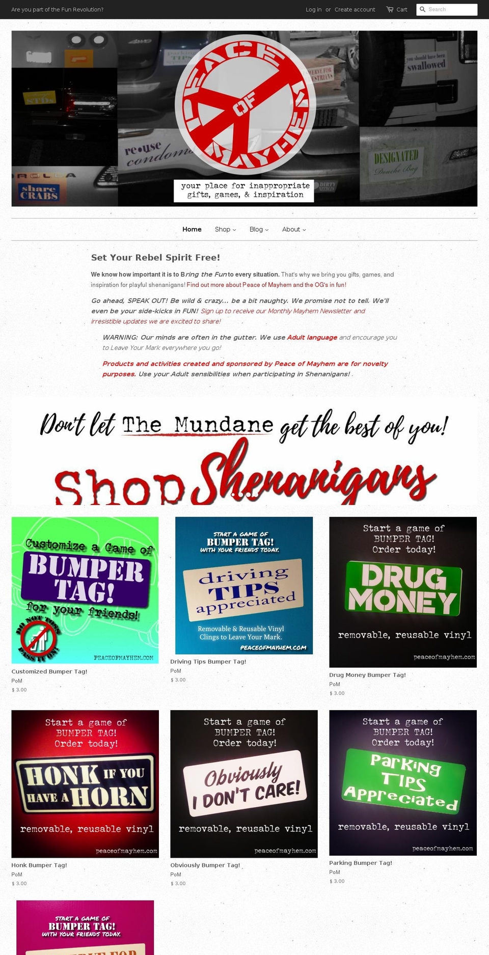 peaceofmayhem.com — Shopify storefront screenshot