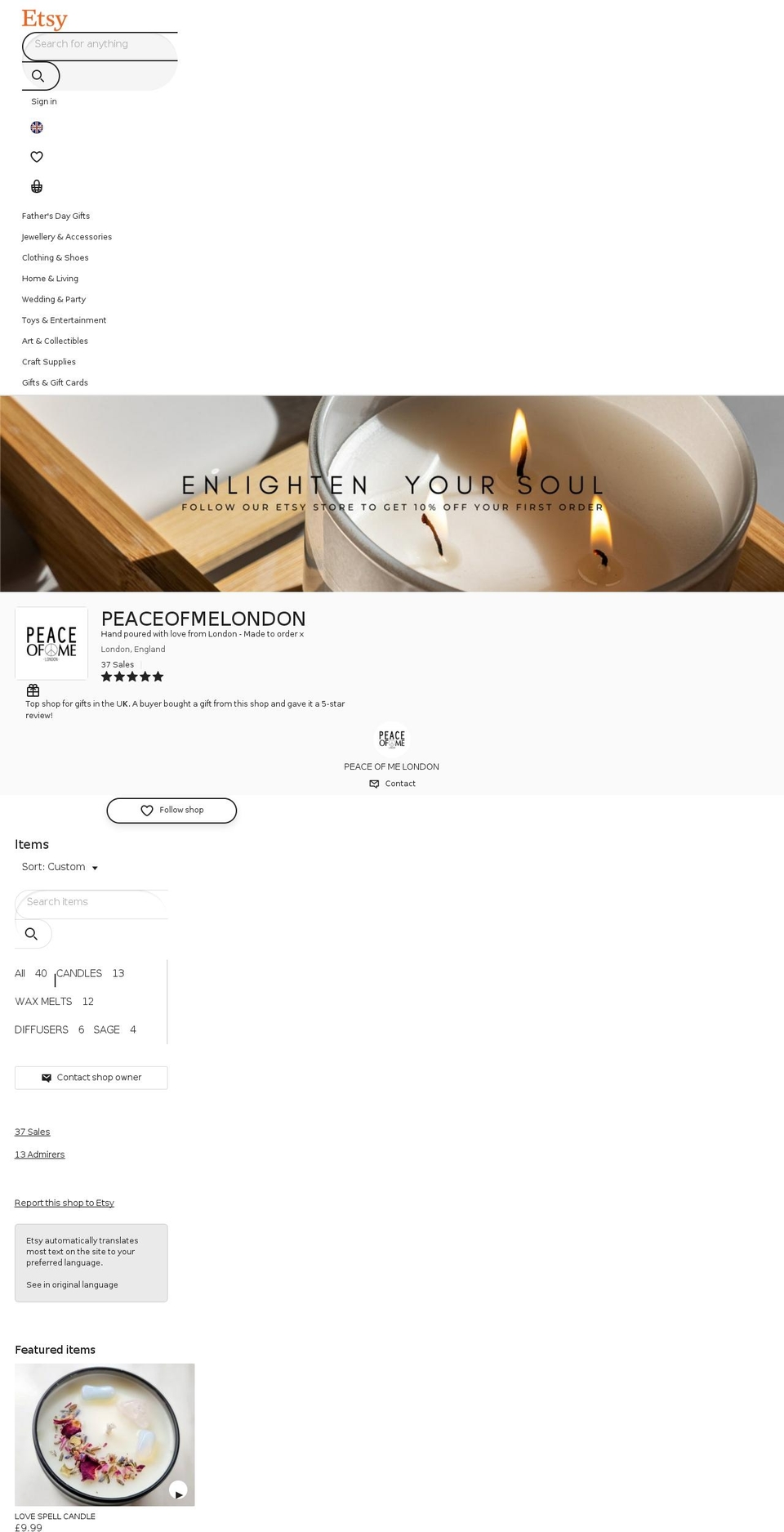peaceofmelondon.com shopify website screenshot