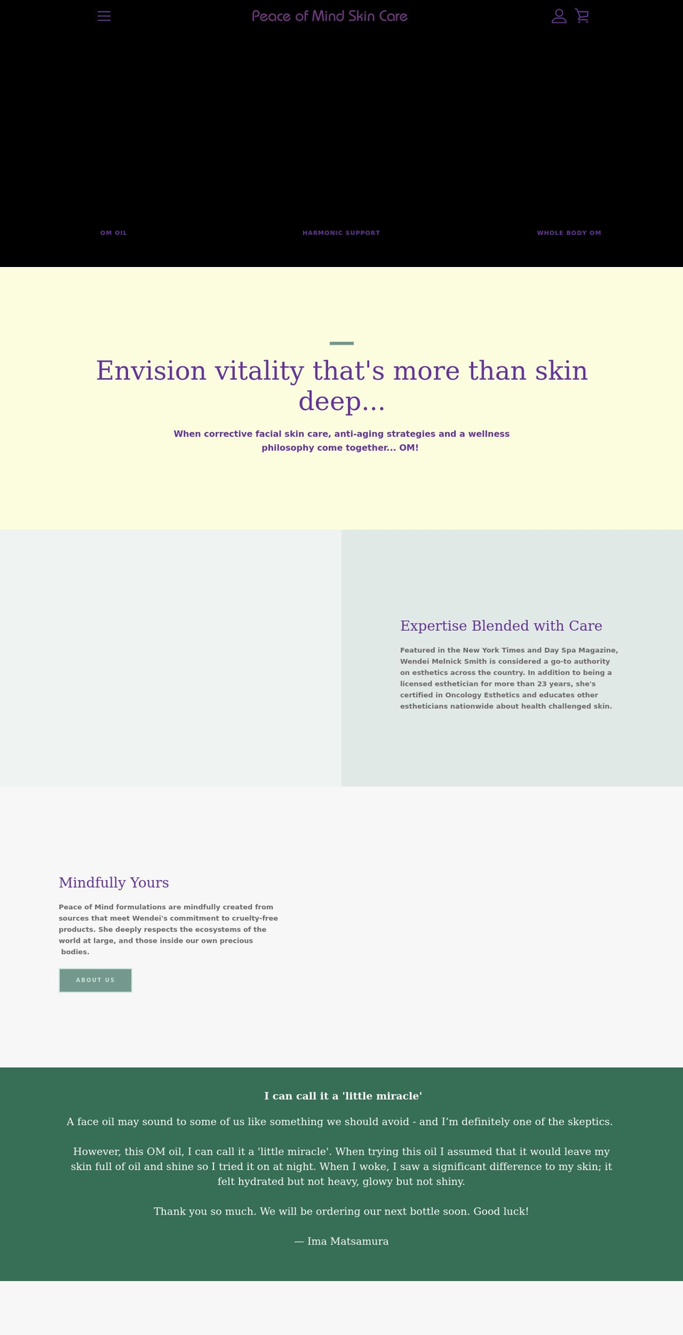 peaceofmindskincare.com shopify website screenshot
