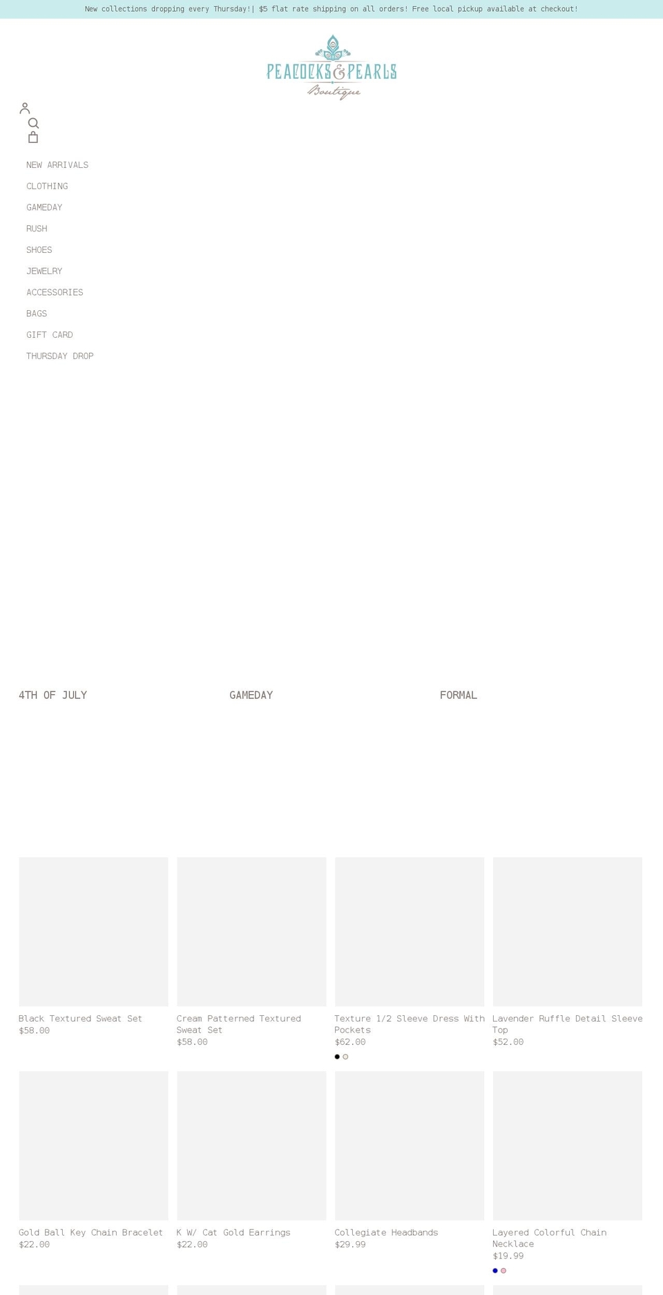 peacocksandpearlslex.com shopify website screenshot