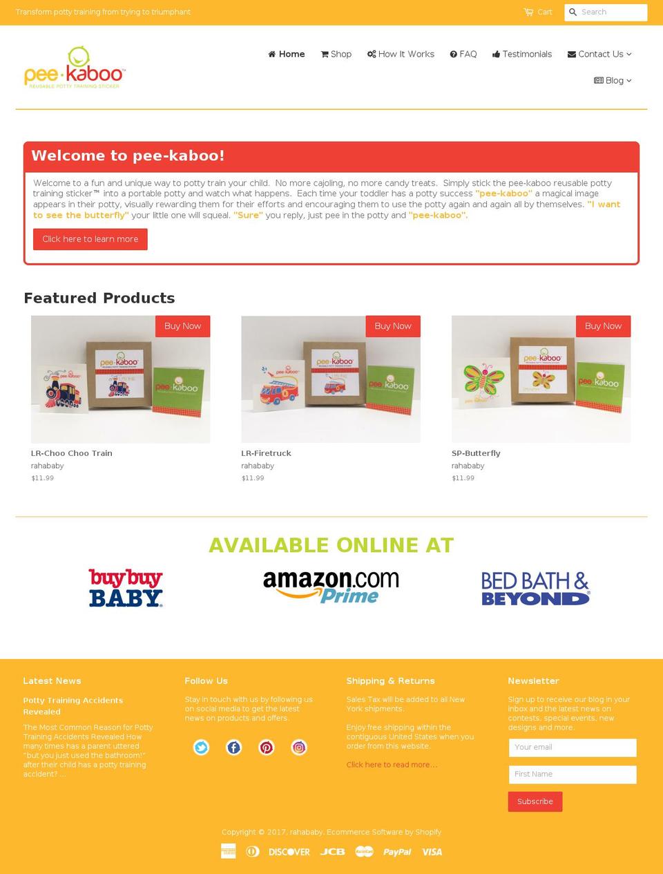 Rahababy Shopify theme site example peekaboopottysticker.com