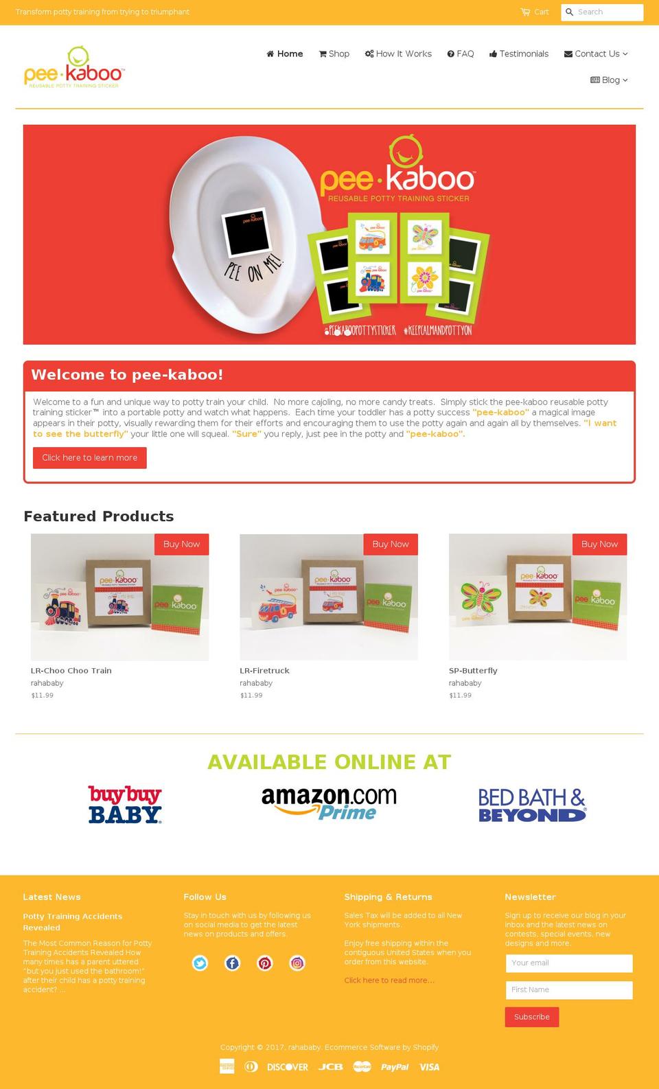 Rahababy Shopify theme site example peekaboopottytraining.com