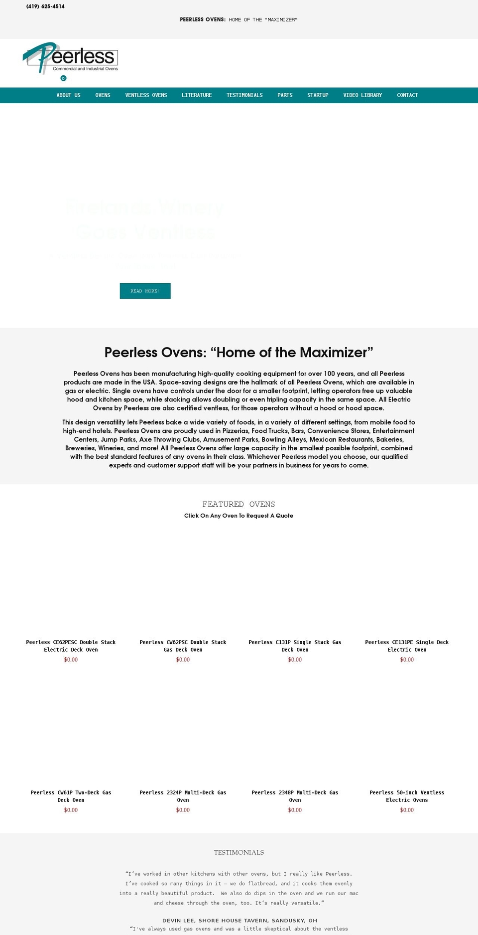 peerlessovens.com shopify website screenshot