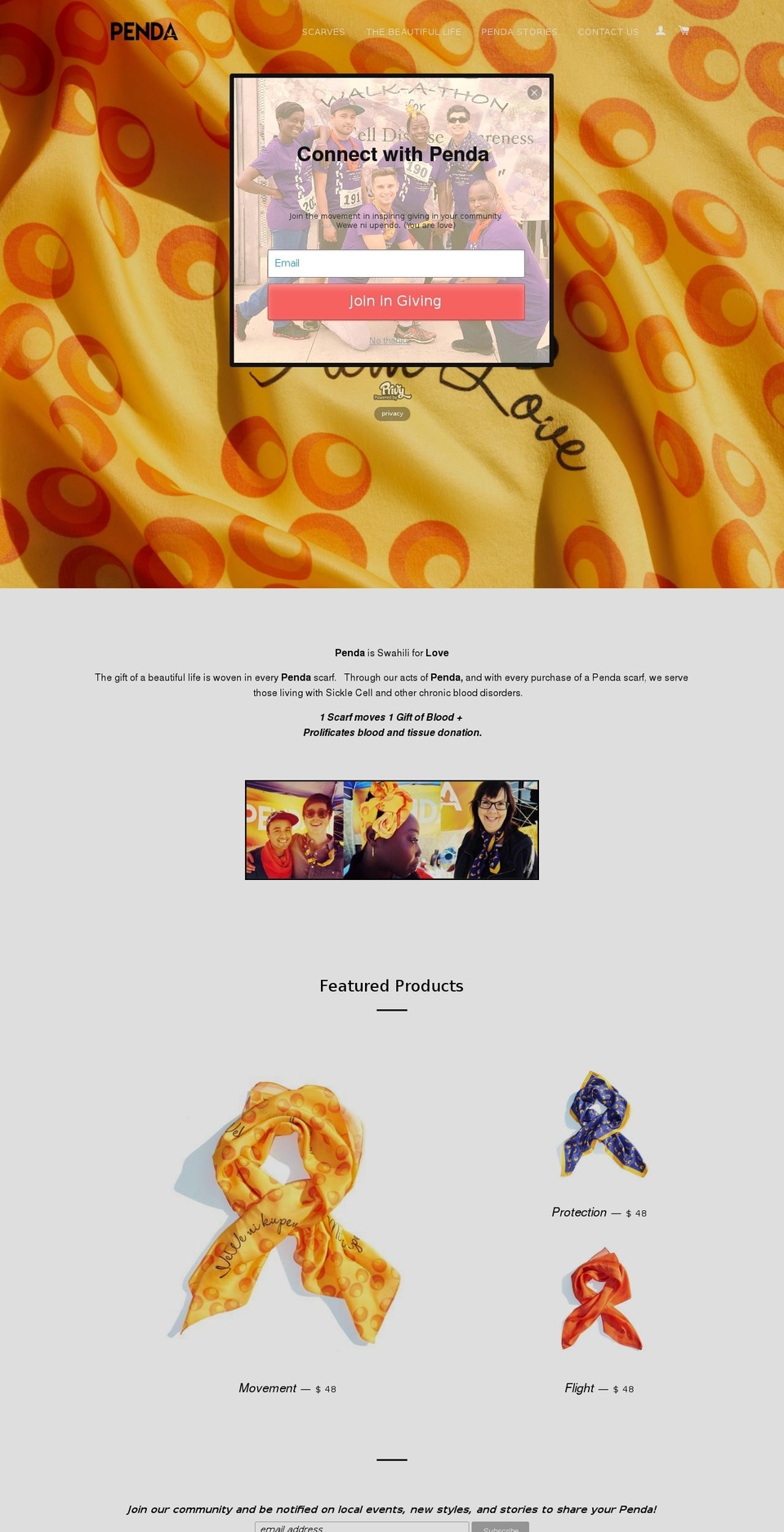 pendascarves.com shopify website screenshot