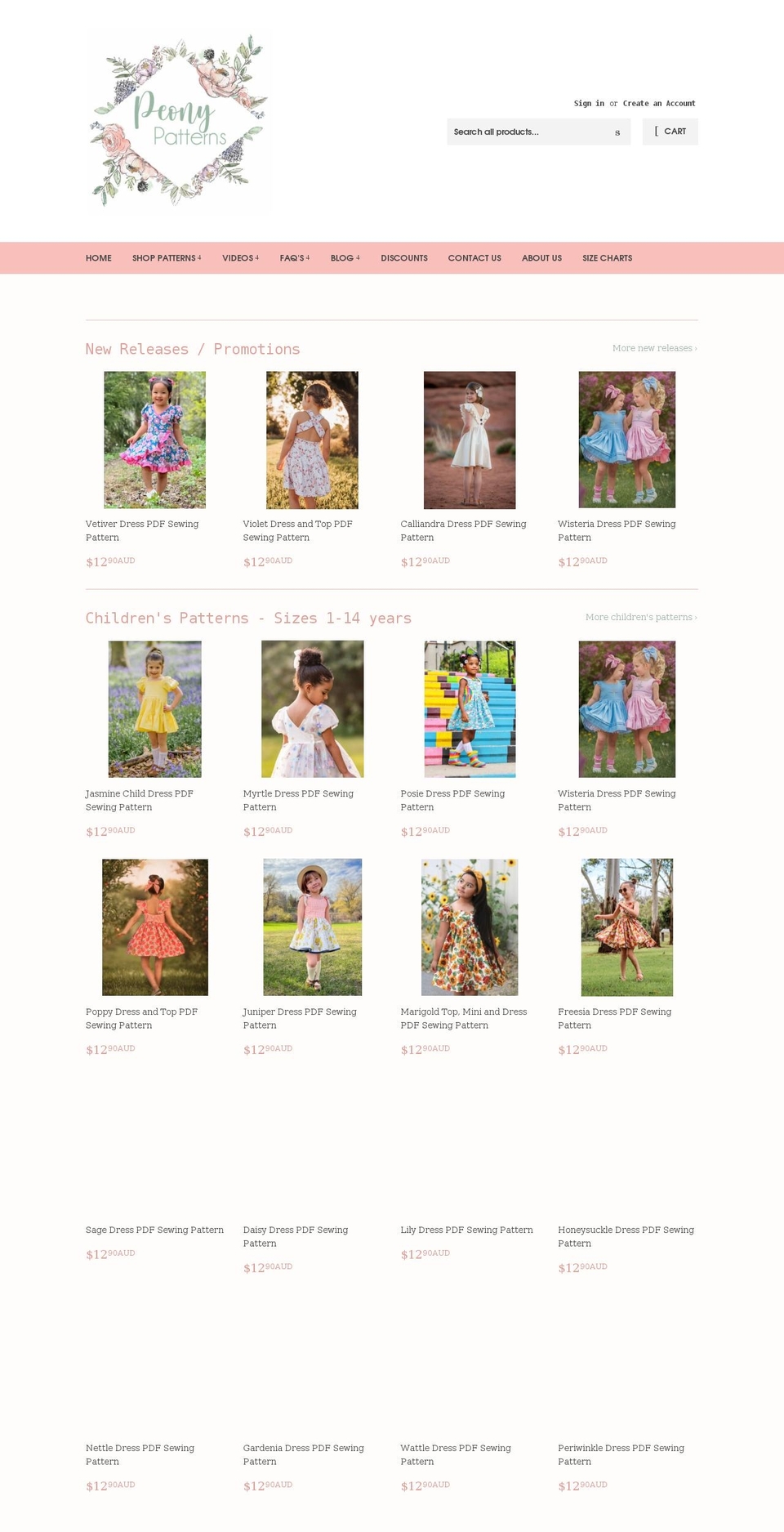 peonypatterns.com shopify website screenshot