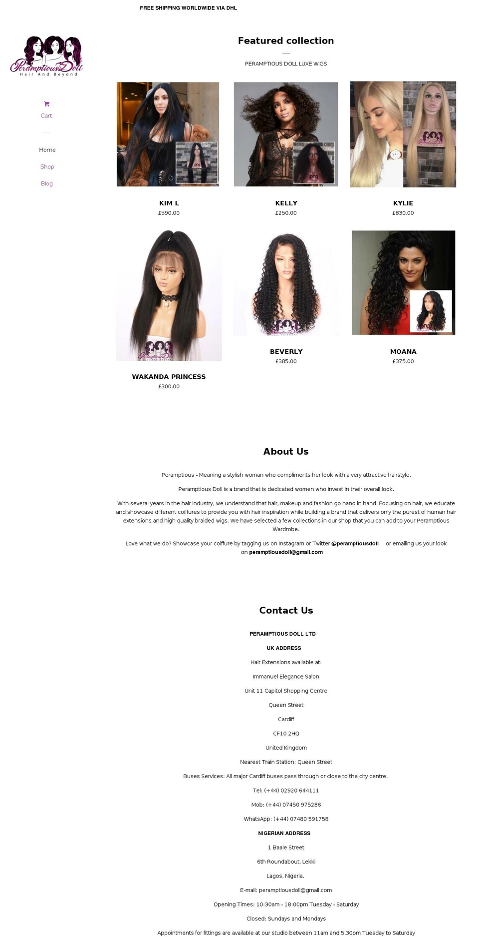 peramptiousdoll.com — Shopify storefront screenshot