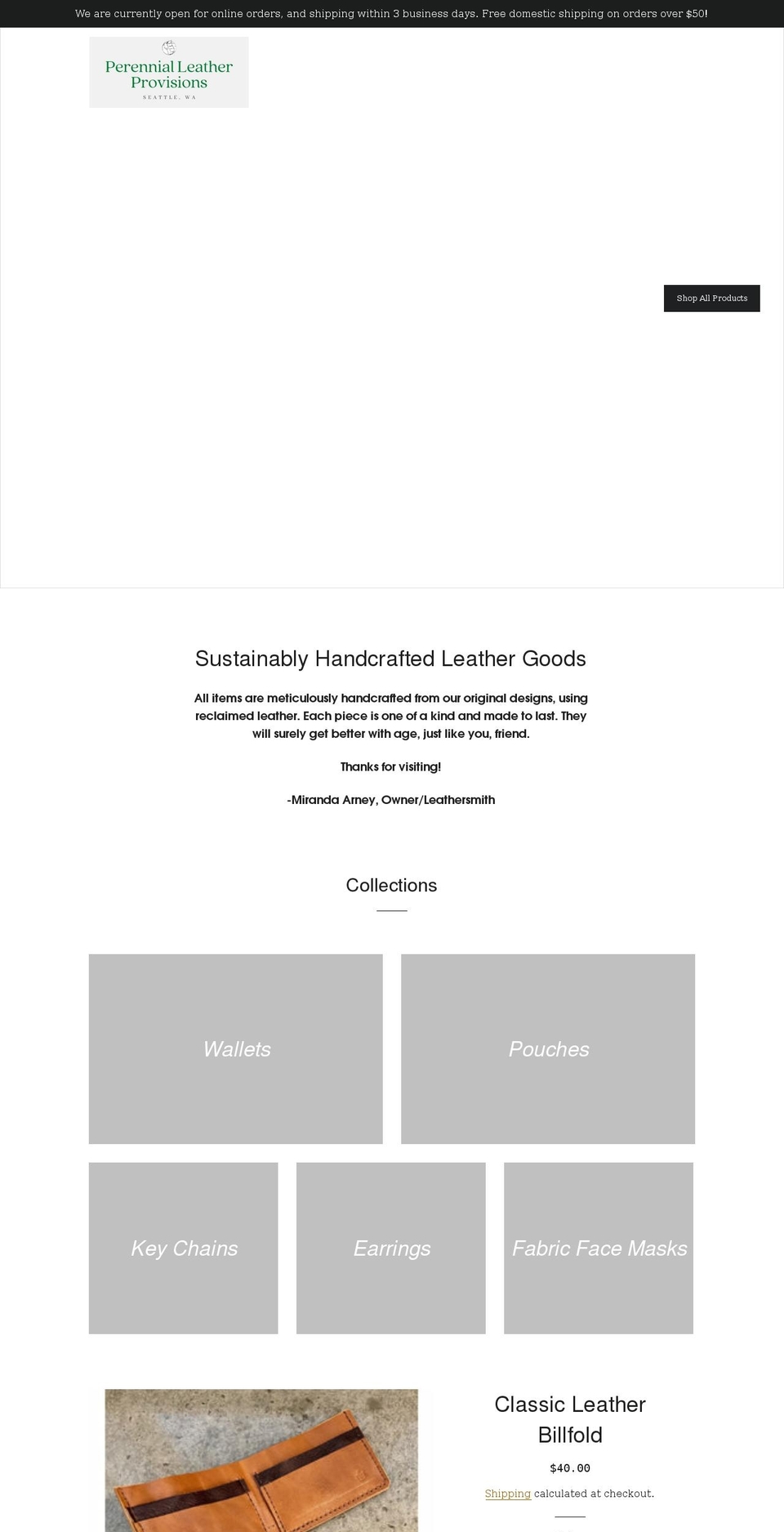 perennialleatherprovisions.com shopify website screenshot