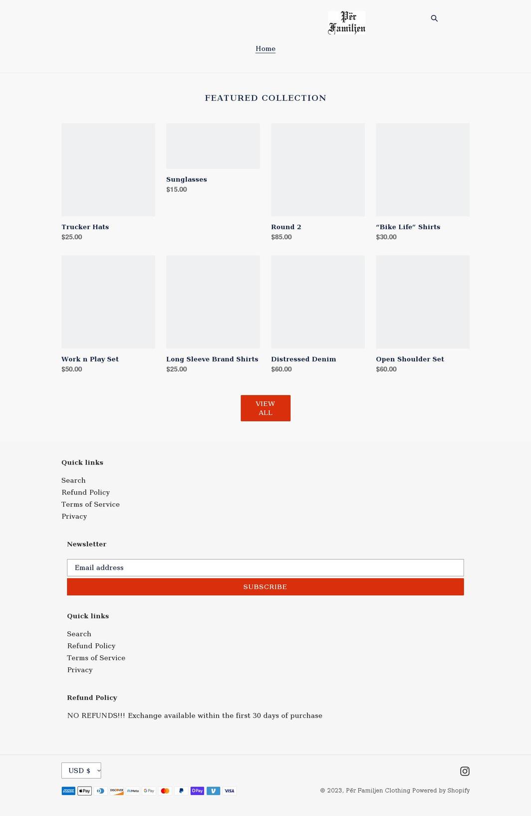 perfamiljenclothing.com shopify website screenshot