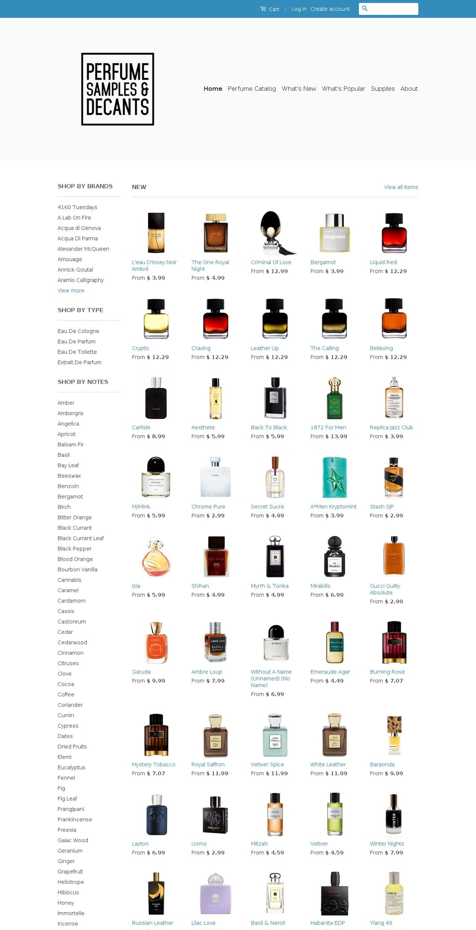 perfumesamplesanddecants.com shopify website screenshot