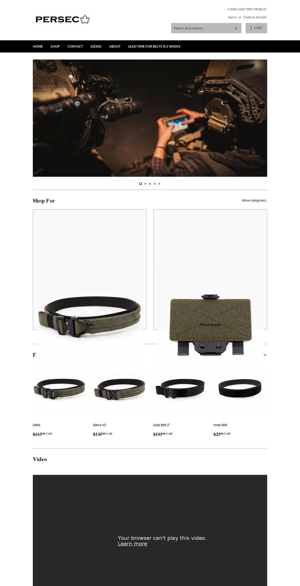 persecgear.ca shopify website screenshot