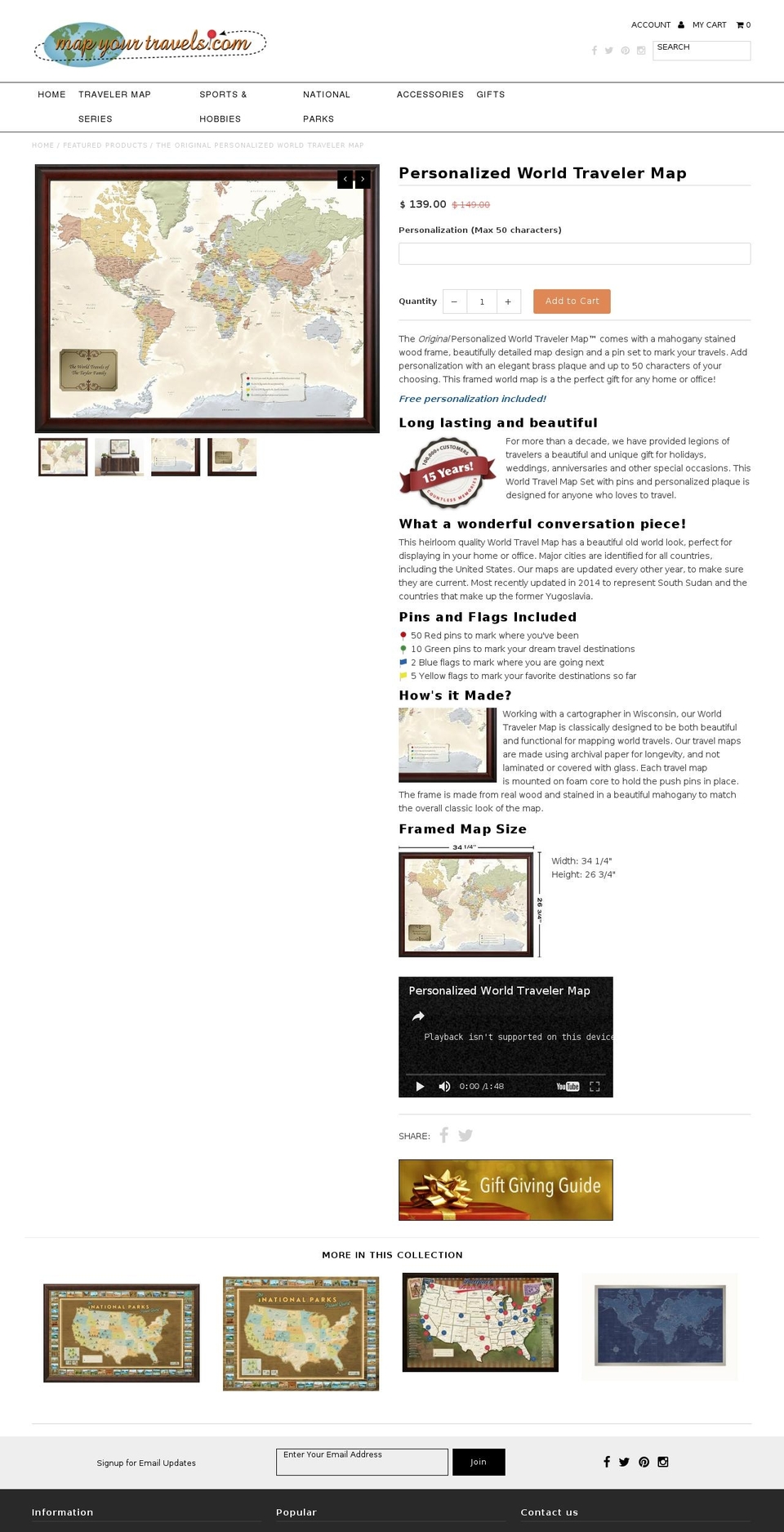 personalizedworldtravelermap.com shopify website screenshot