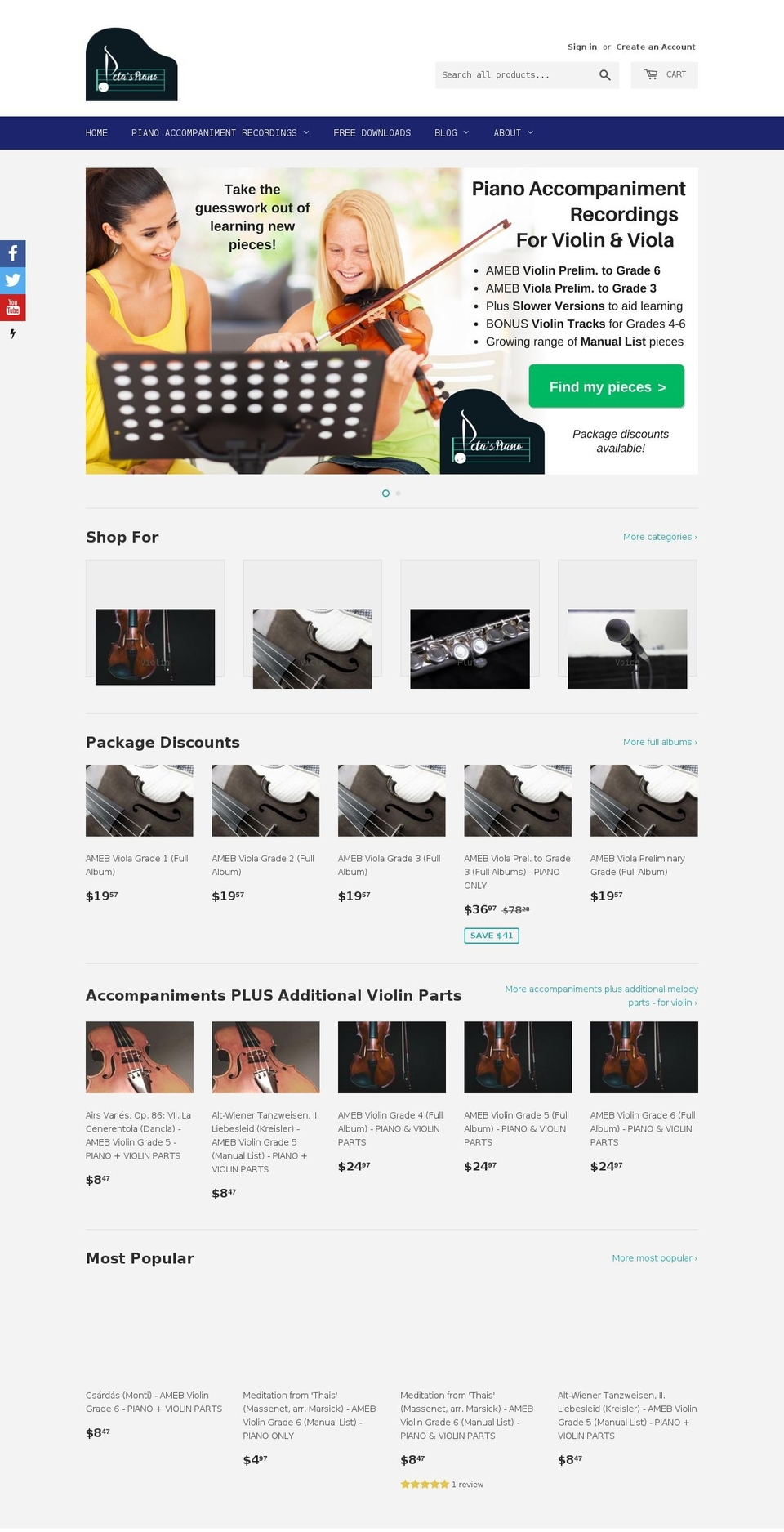 petaspianoforviolin.com — Shopify storefront screenshot