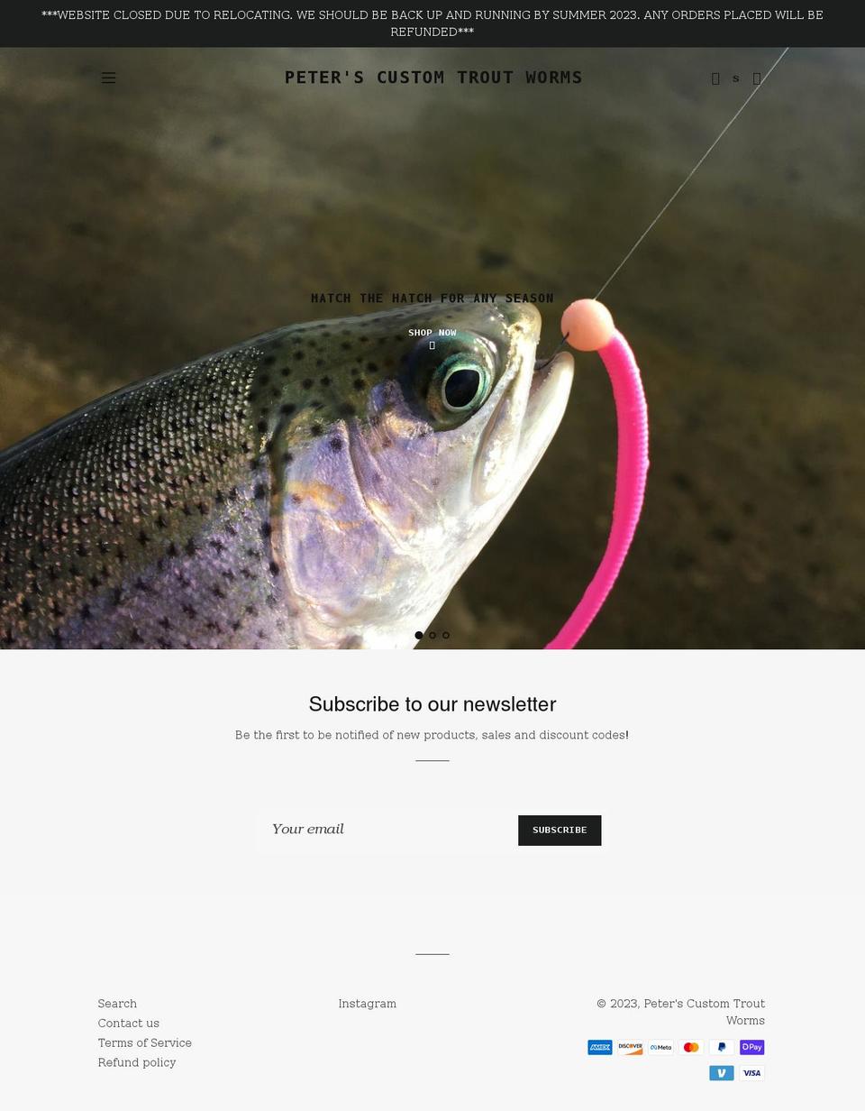 peterscustomtroutworms.com shopify website screenshot