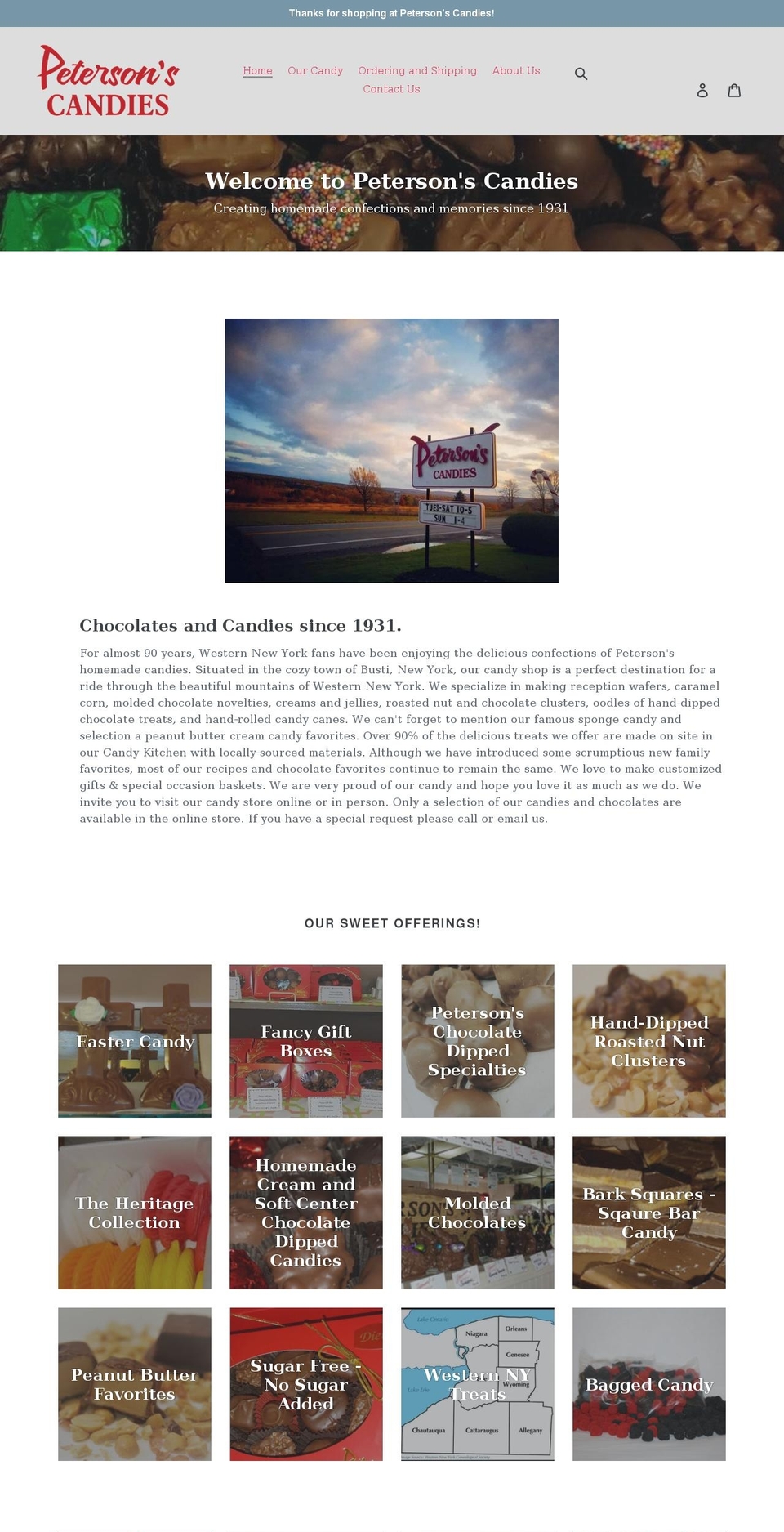 petersonscandies.com shopify website screenshot