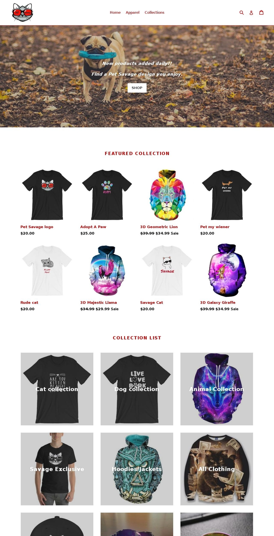 petsavage.com — Shopify storefront screenshot