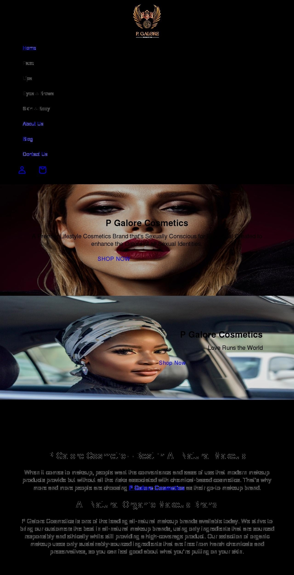 pgalorecosmetics.com shopify website screenshot
