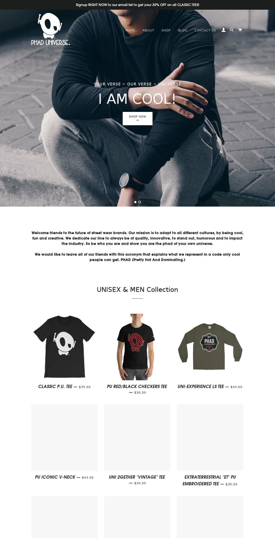 phaduniverseclothing.com — Shopify storefront screenshot