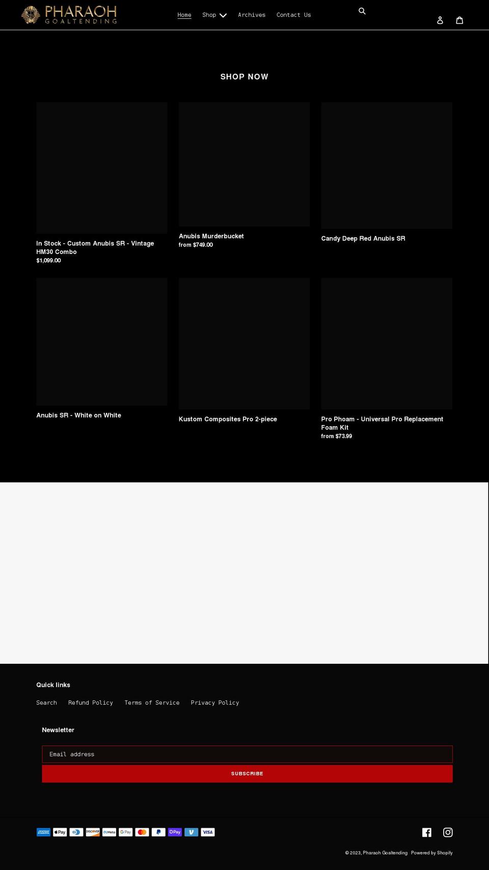 pharaohgoaltending.com shopify website screenshot