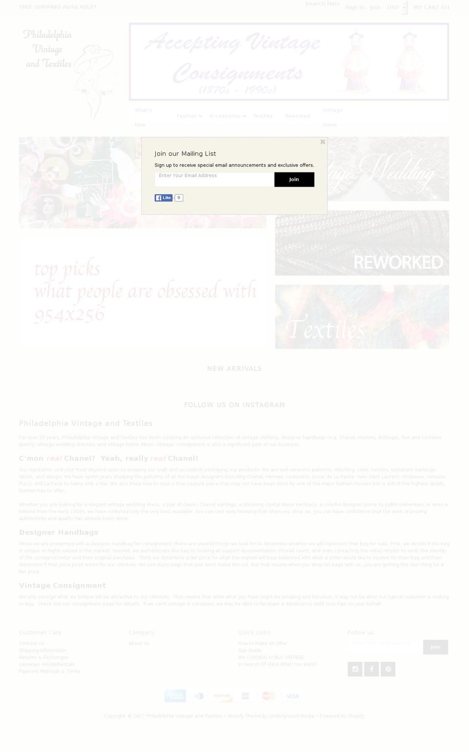 philadelphiavintageandtextile.com shopify website screenshot
