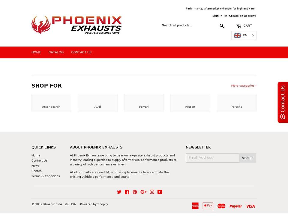 phoenixexhaust.com shopify website screenshot