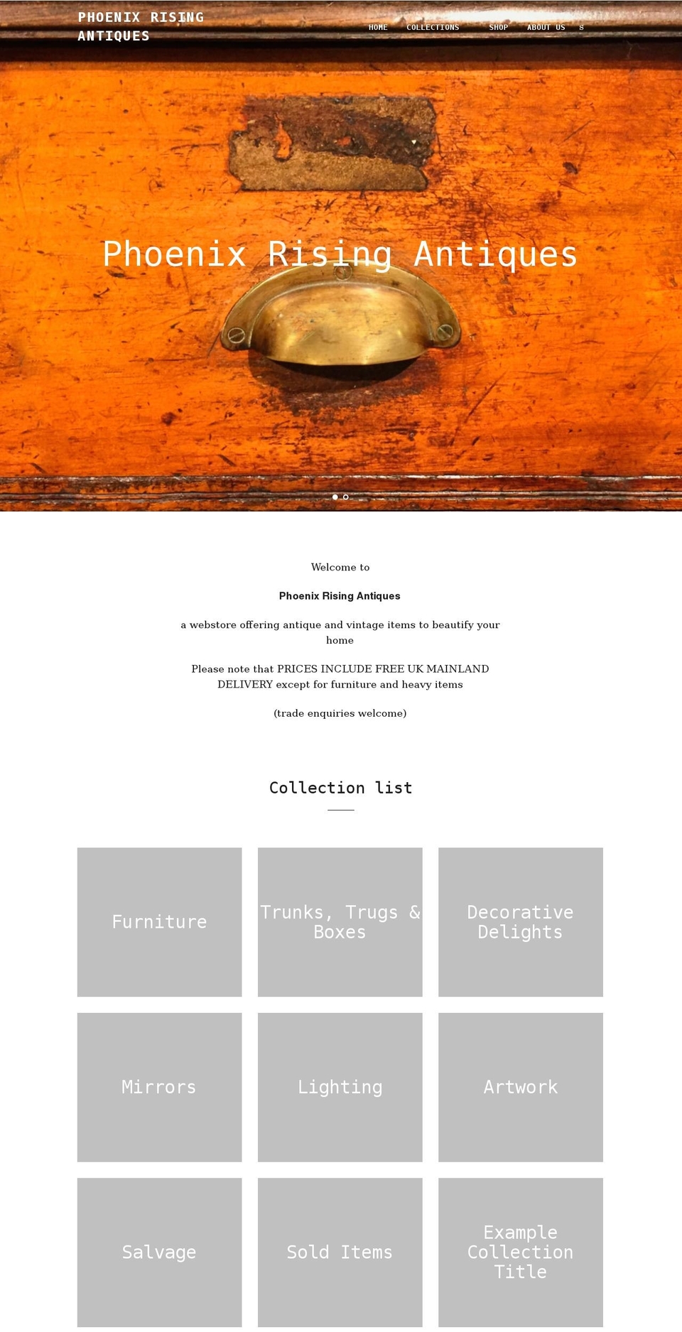 phoenixrisingantiques.co.uk shopify website screenshot