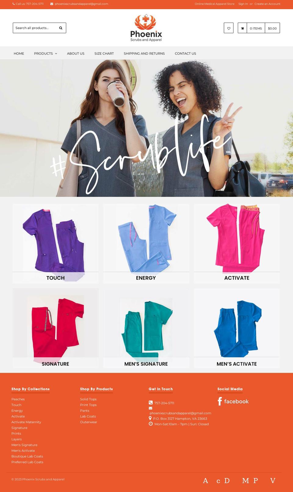 phoenixscrubsandapparel.com shopify website screenshot