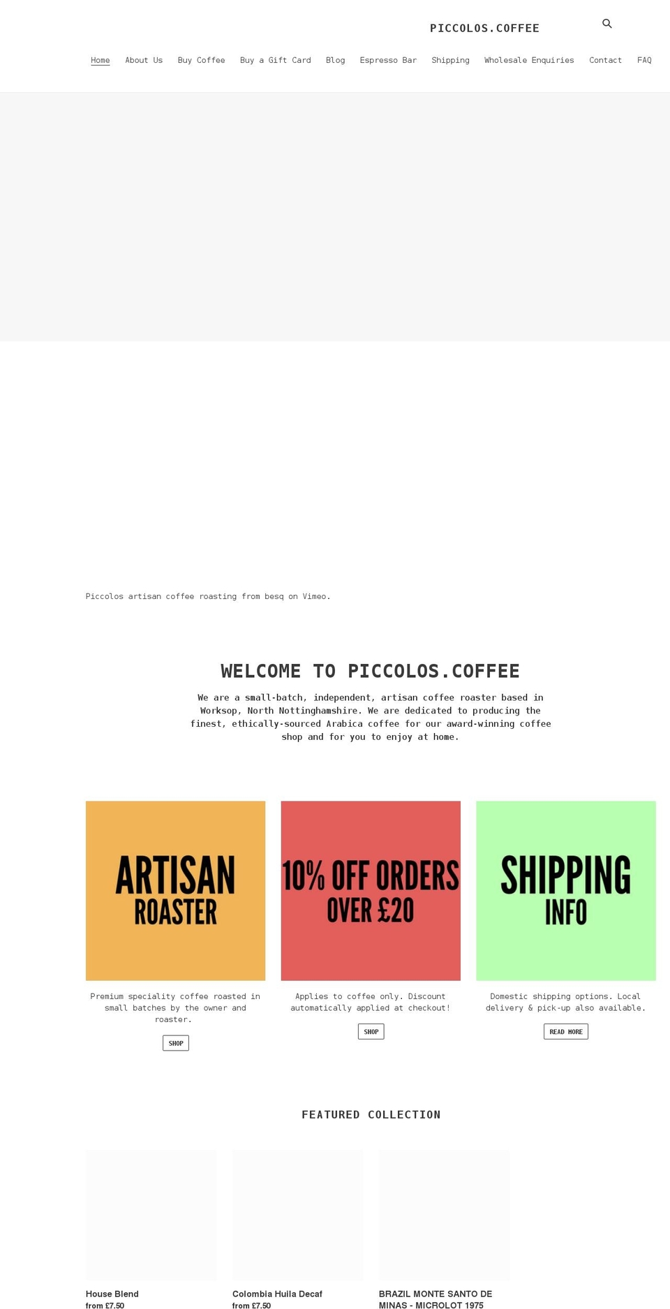 piccolos.coffee shopify website screenshot