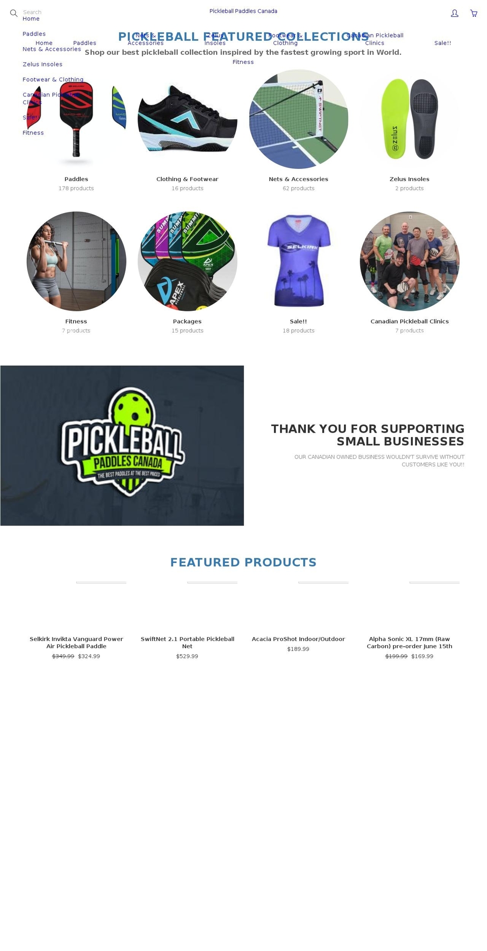 pickleballpaddlescanada.ca shopify website screenshot