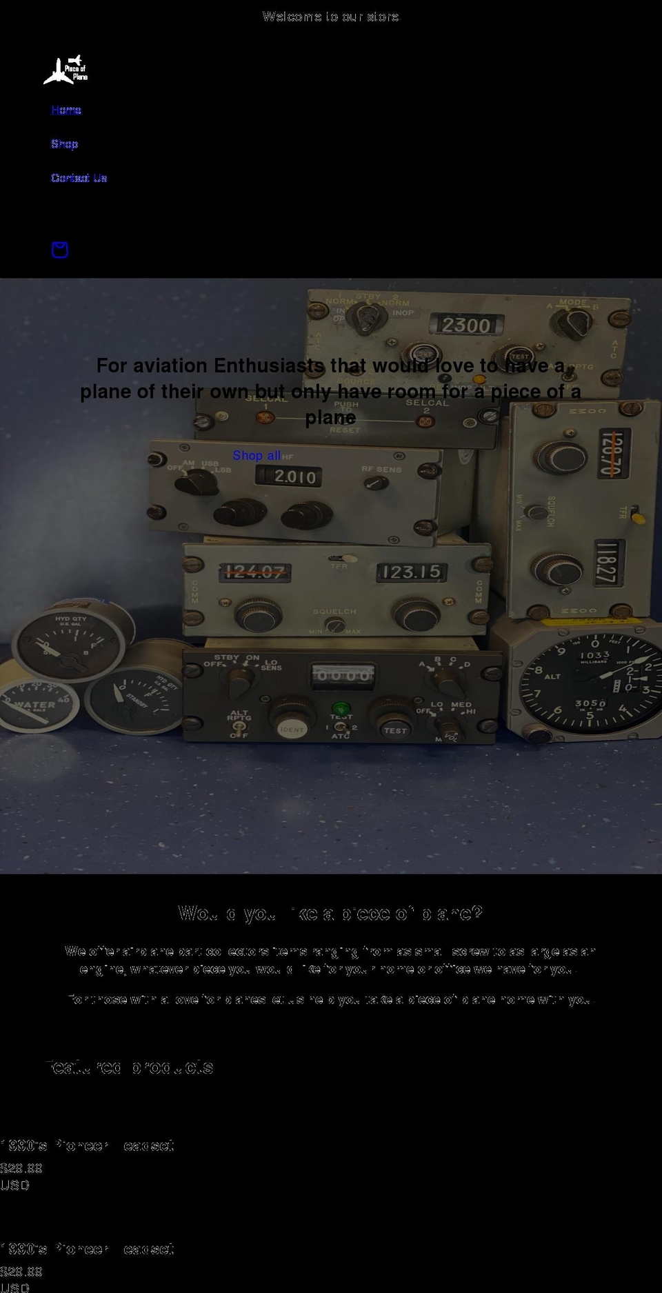 pieceofplane.com shopify website screenshot