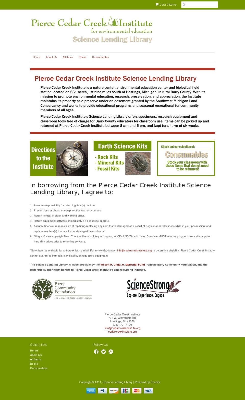 piercecedarcreekinstitute-lendinglibrary.org shopify website screenshot