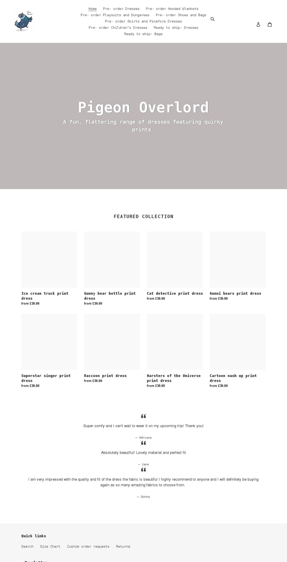pigeonoverlord.co.uk shopify website screenshot