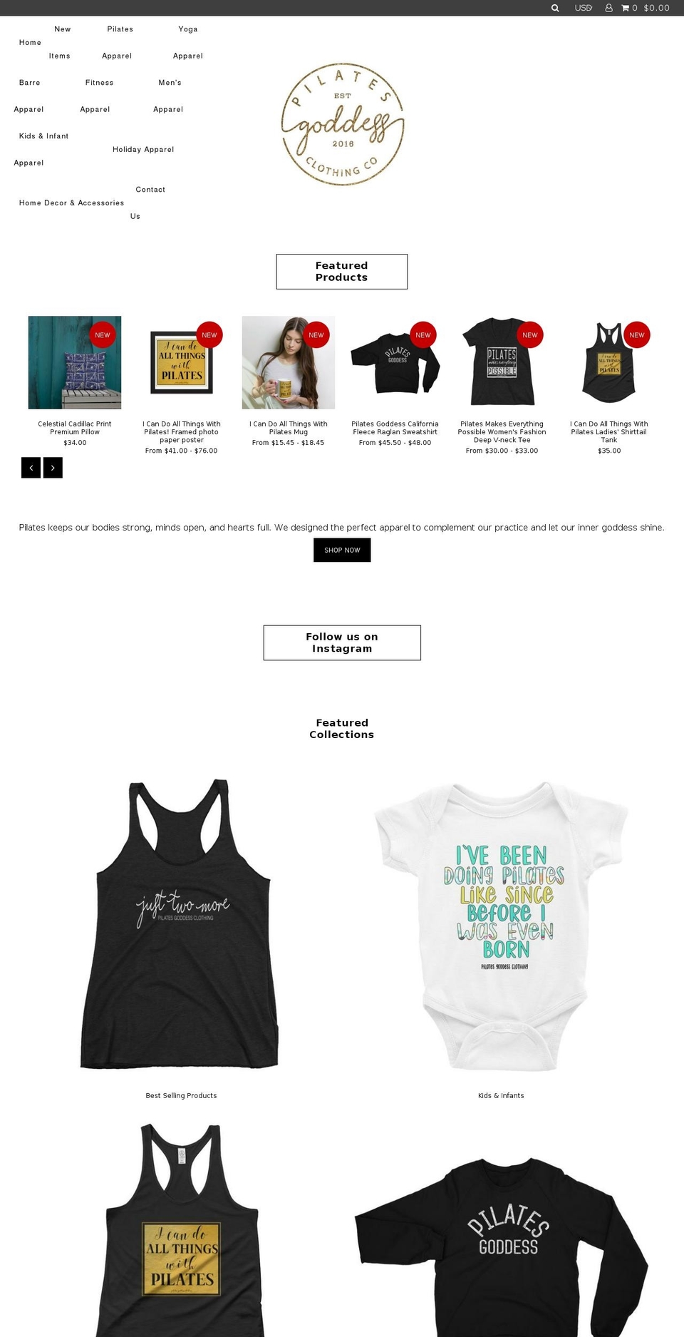 pilatesgoddessclothing.com shopify website screenshot