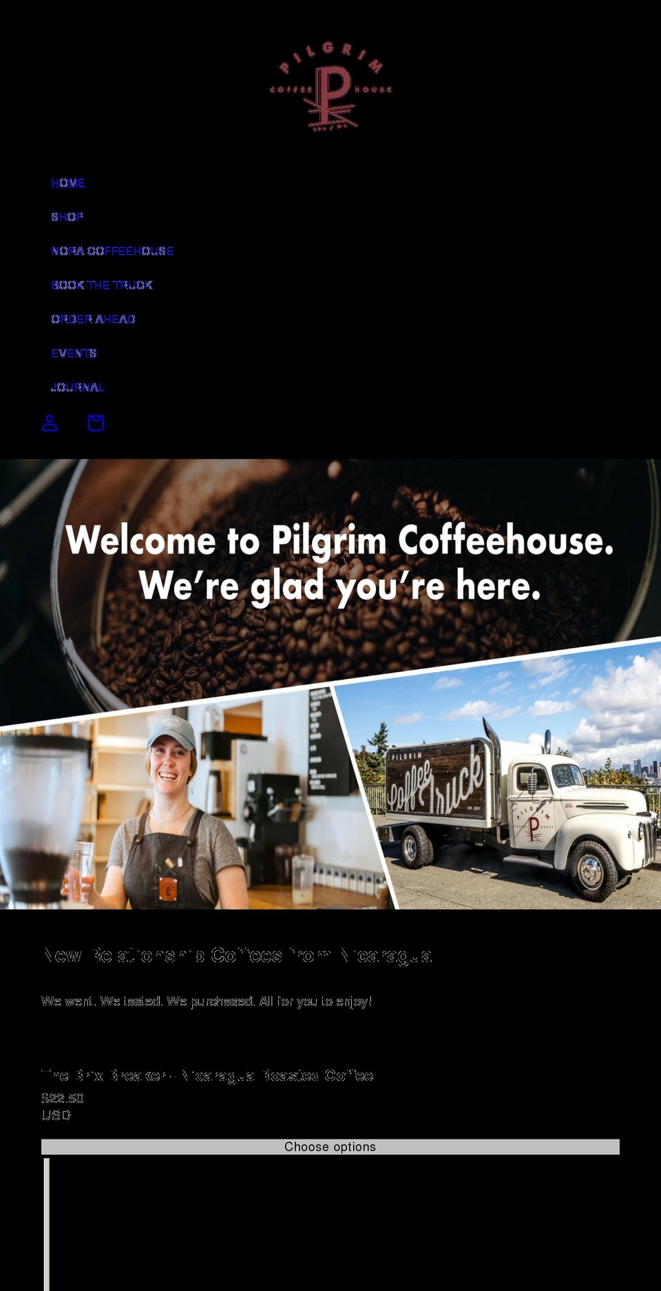 pilgrimcoffeehouse.com shopify website screenshot