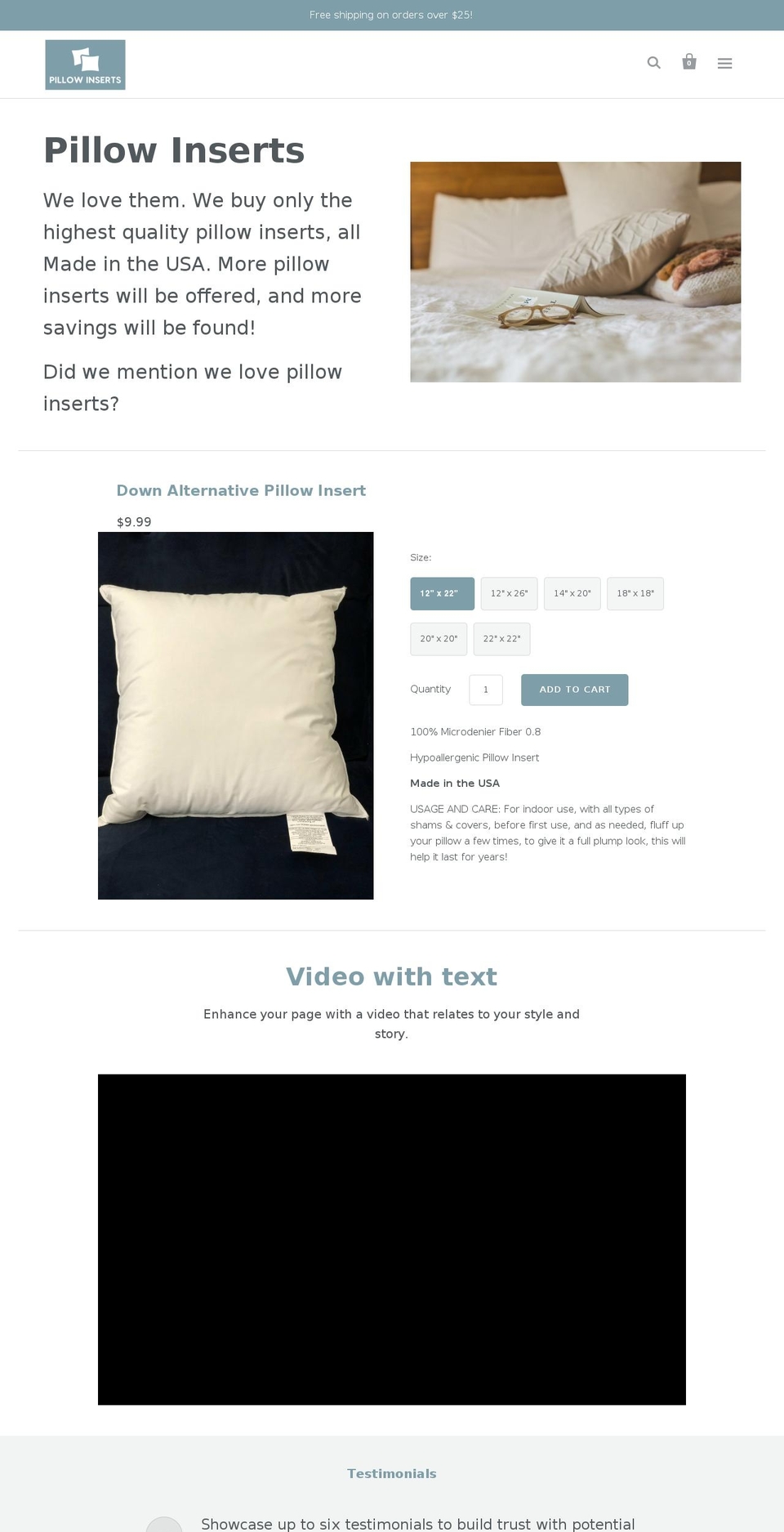 pillow-inserts.com — Shopify storefront screenshot