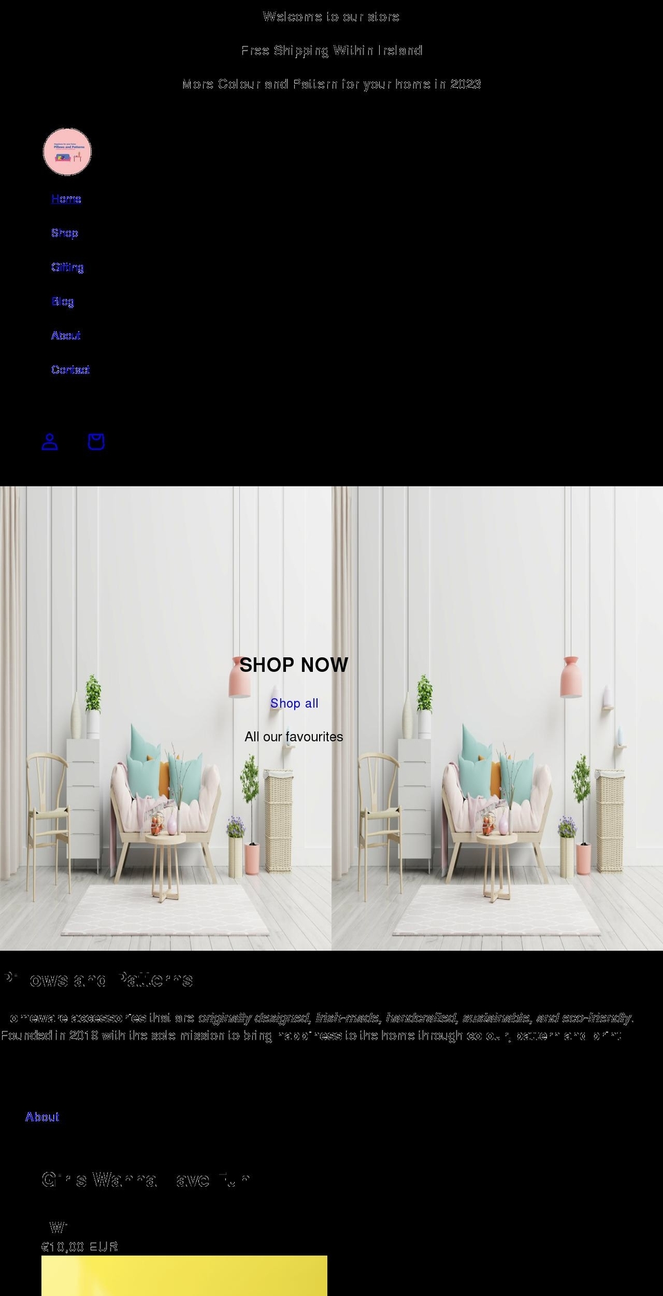 pillowsandpatterns.com shopify website screenshot