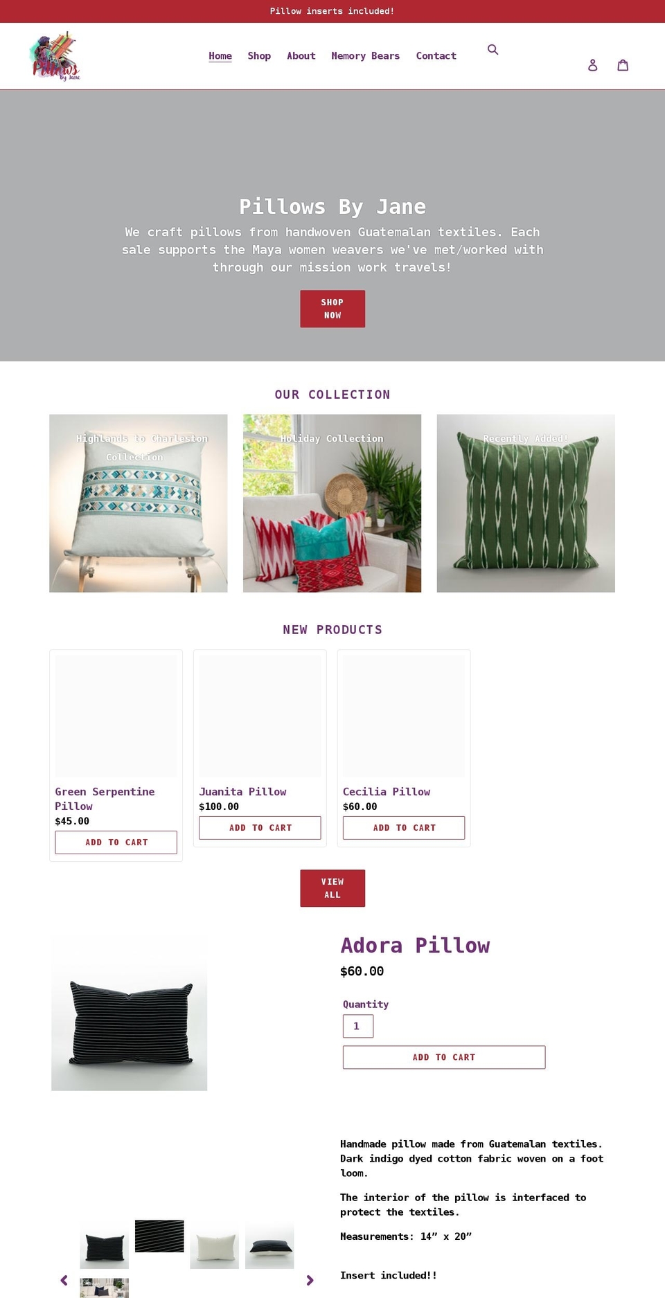 pillowsbyjane.com shopify website screenshot