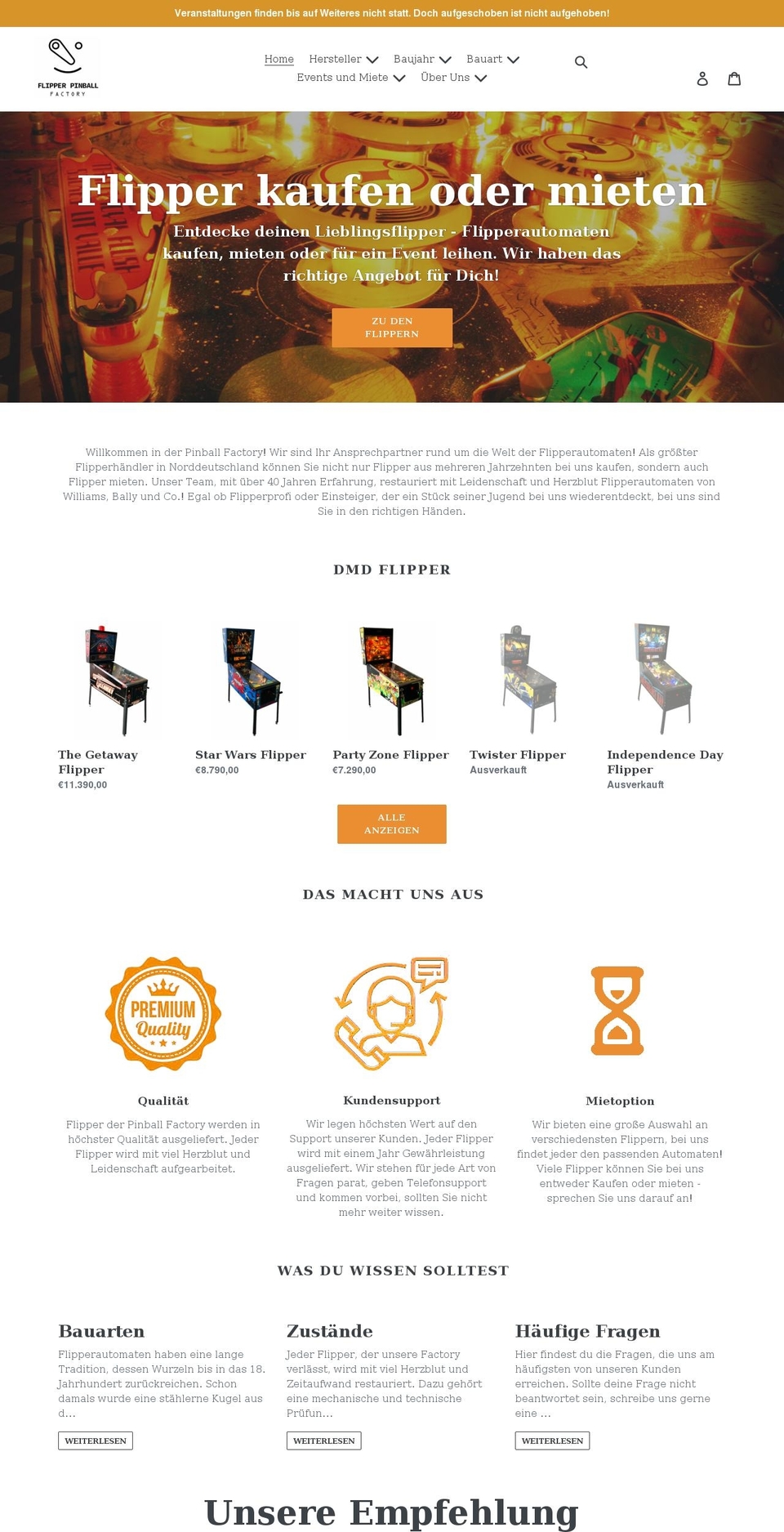 pinball-factory.com shopify website screenshot