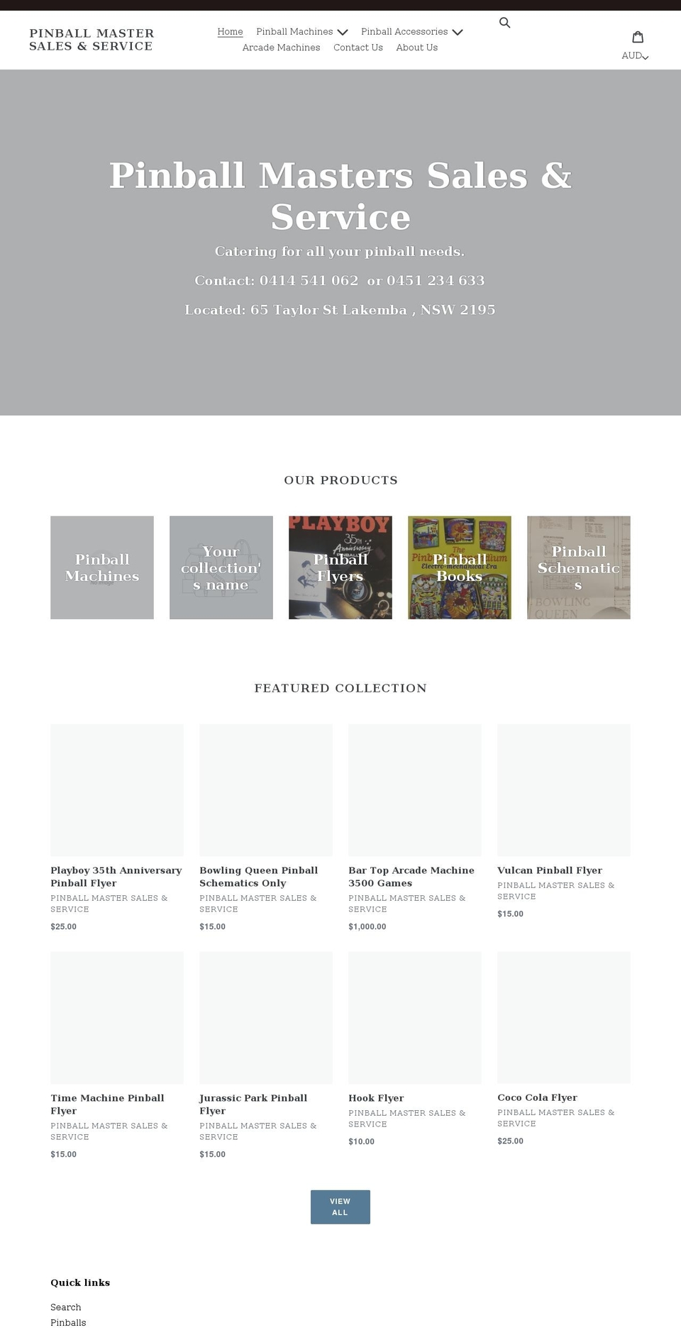 pinballmaster.com.au shopify website screenshot
