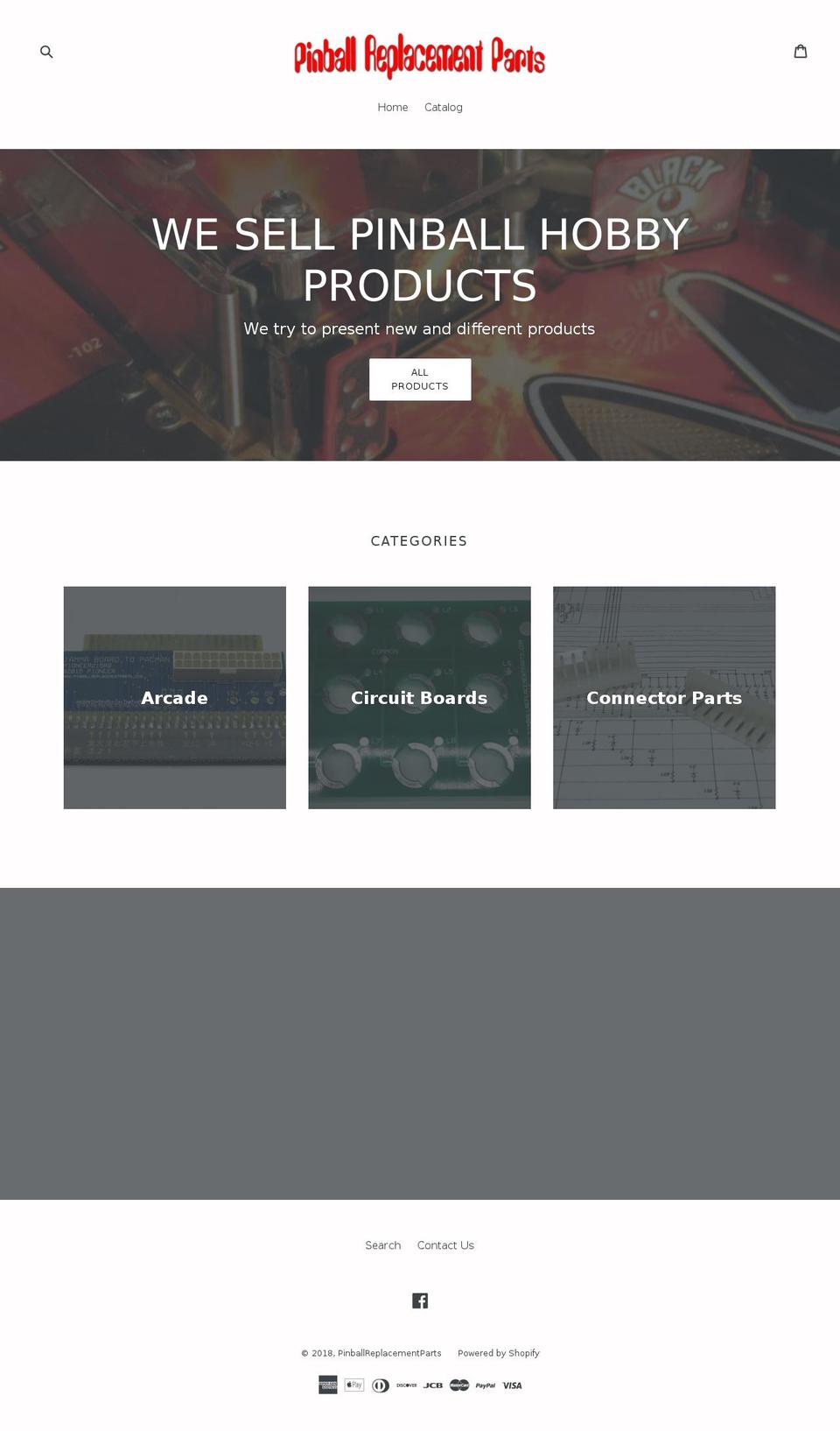 pinballreplacementparts.com shopify website screenshot