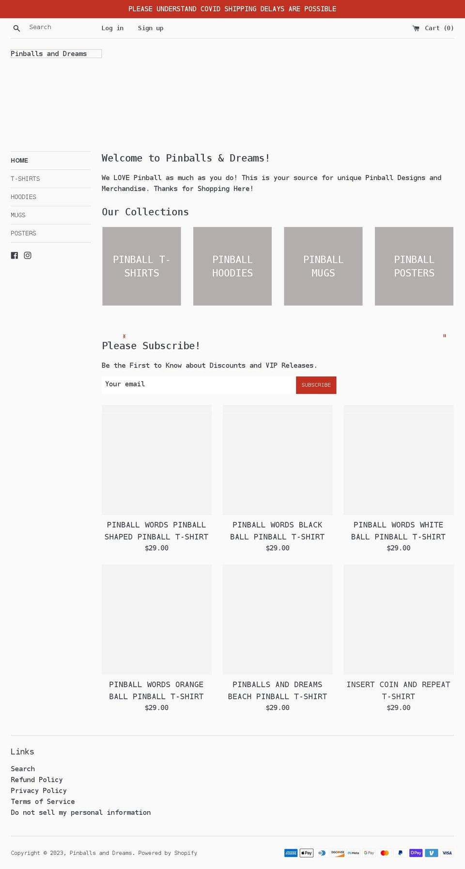 pinballsanddreams.com shopify website screenshot