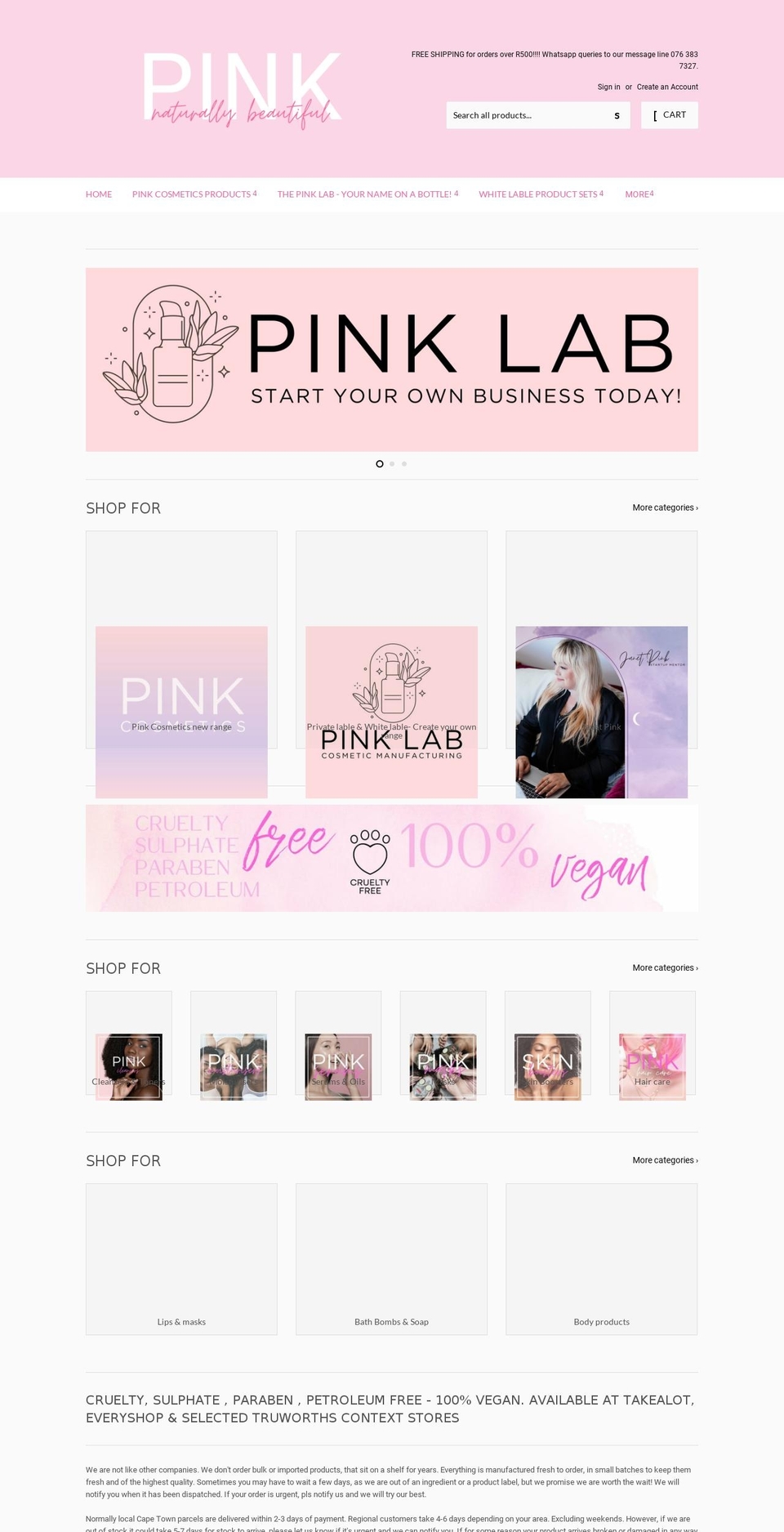 pinkcosmetics.co.za shopify website screenshot