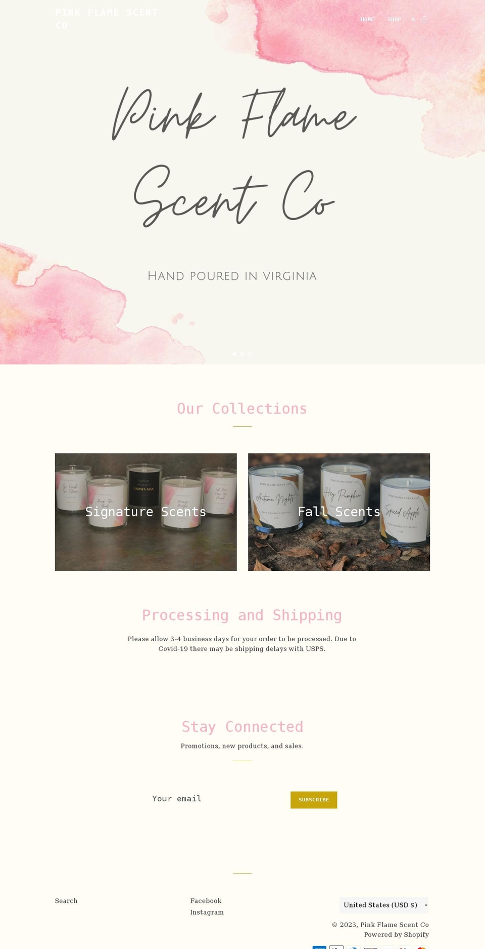 pinkflamescentco.com shopify website screenshot