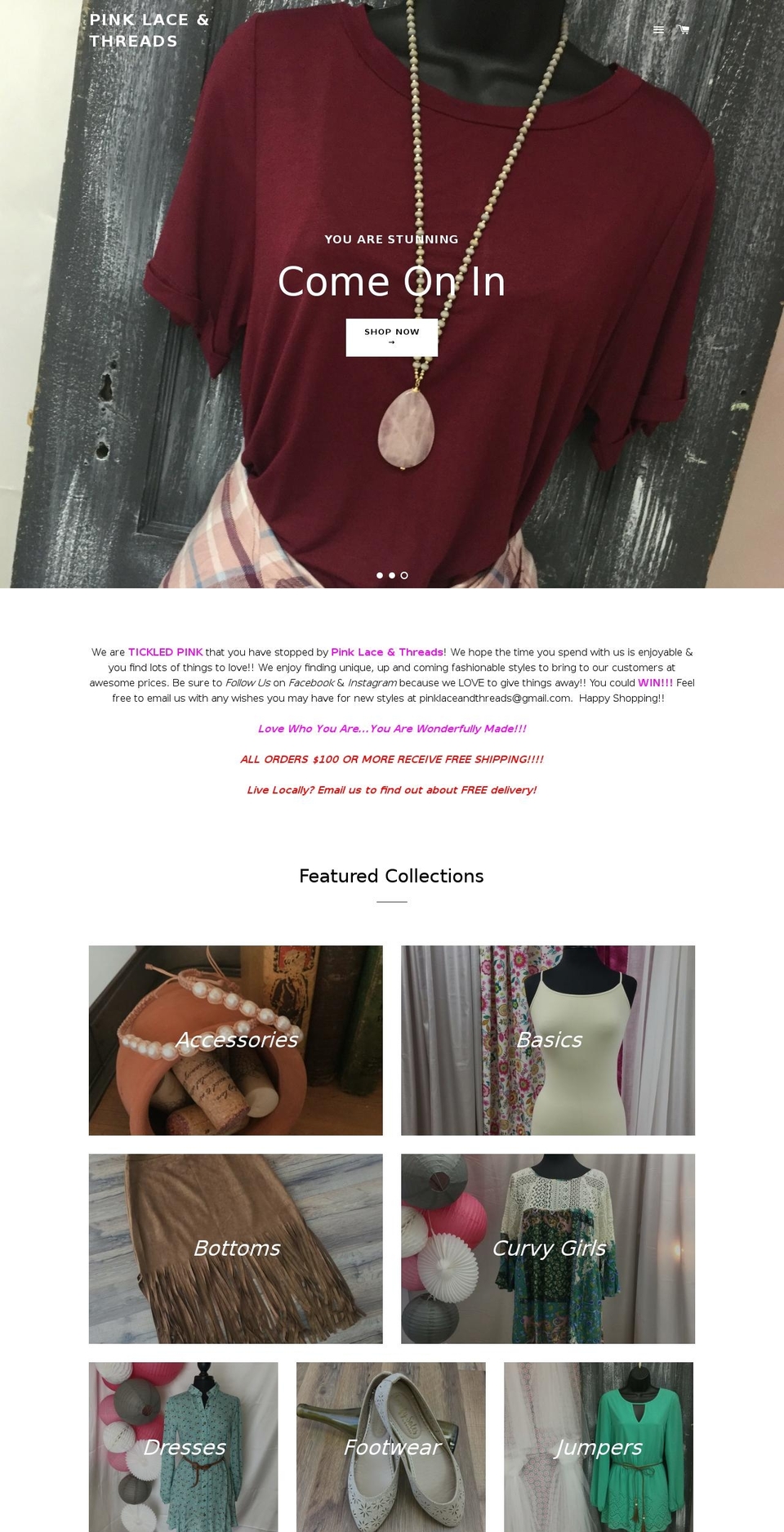 pinklaceandthreads.com shopify website screenshot