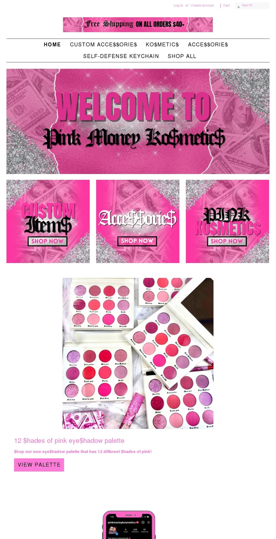 pinkmoneykosmetics.com shopify website screenshot