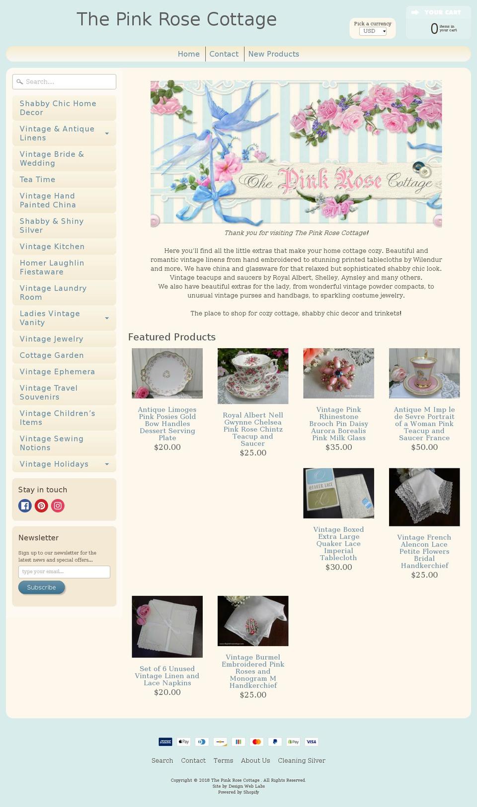 pinkrosecottage.com — Shopify storefront screenshot