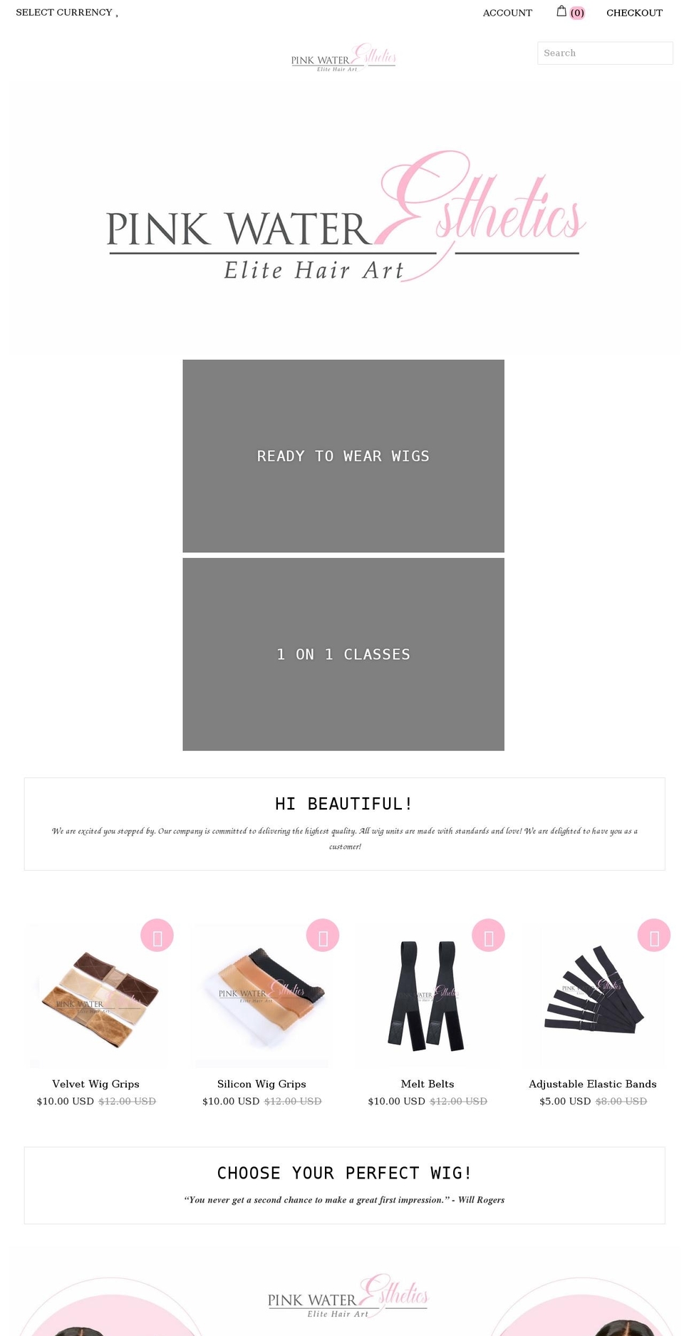 pinkwateresthetics.com shopify website screenshot