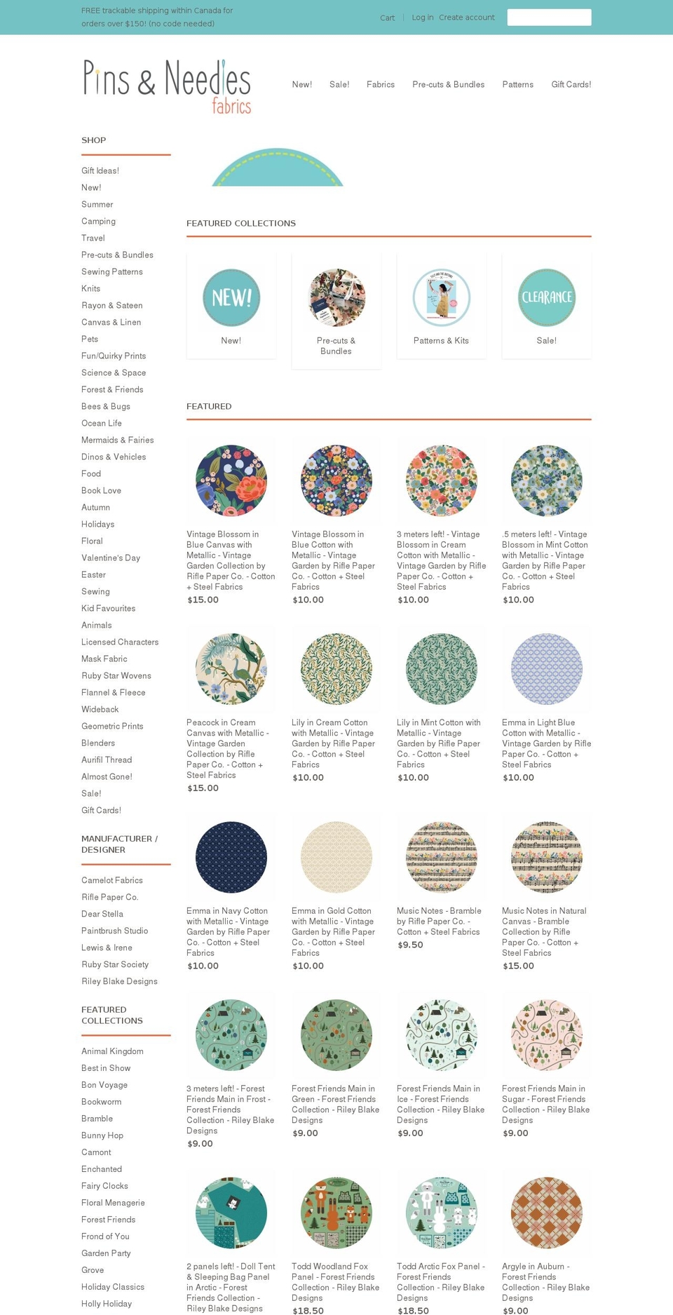 pinsandneedlesfabrics.ca shopify website screenshot