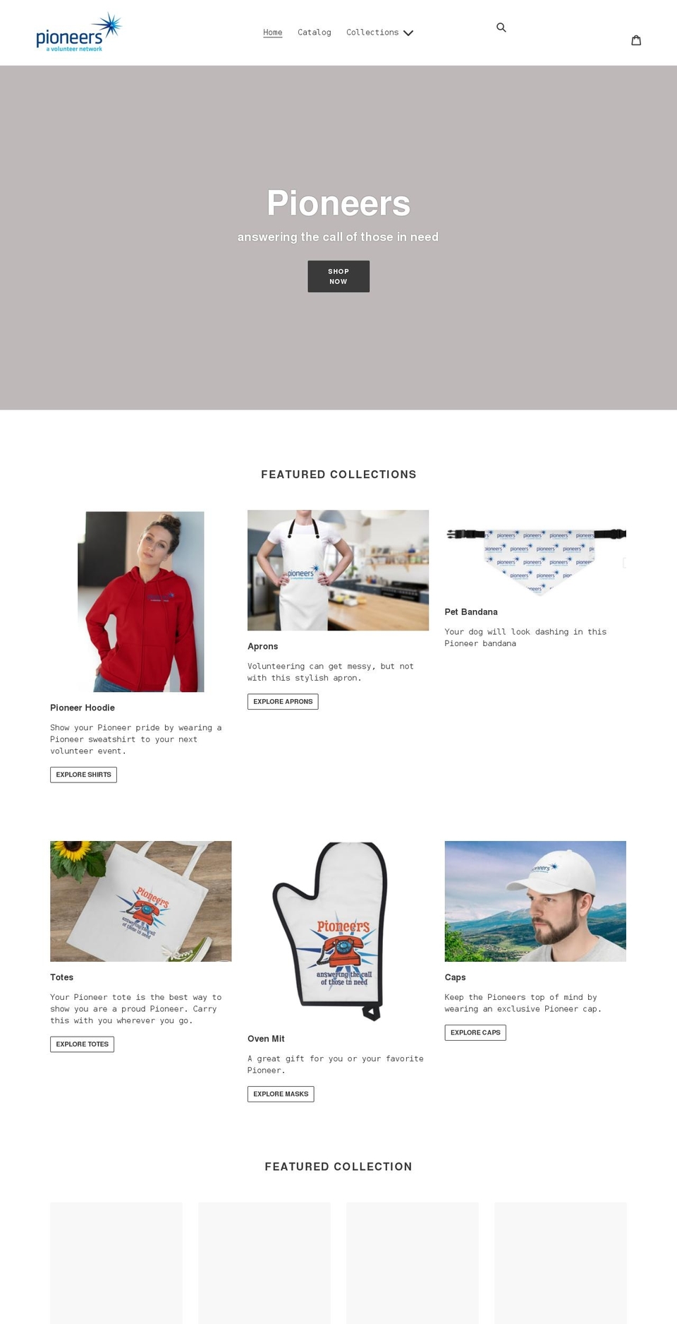 pioneers-a-volunteer-organization.myshopify.com shopify website screenshot