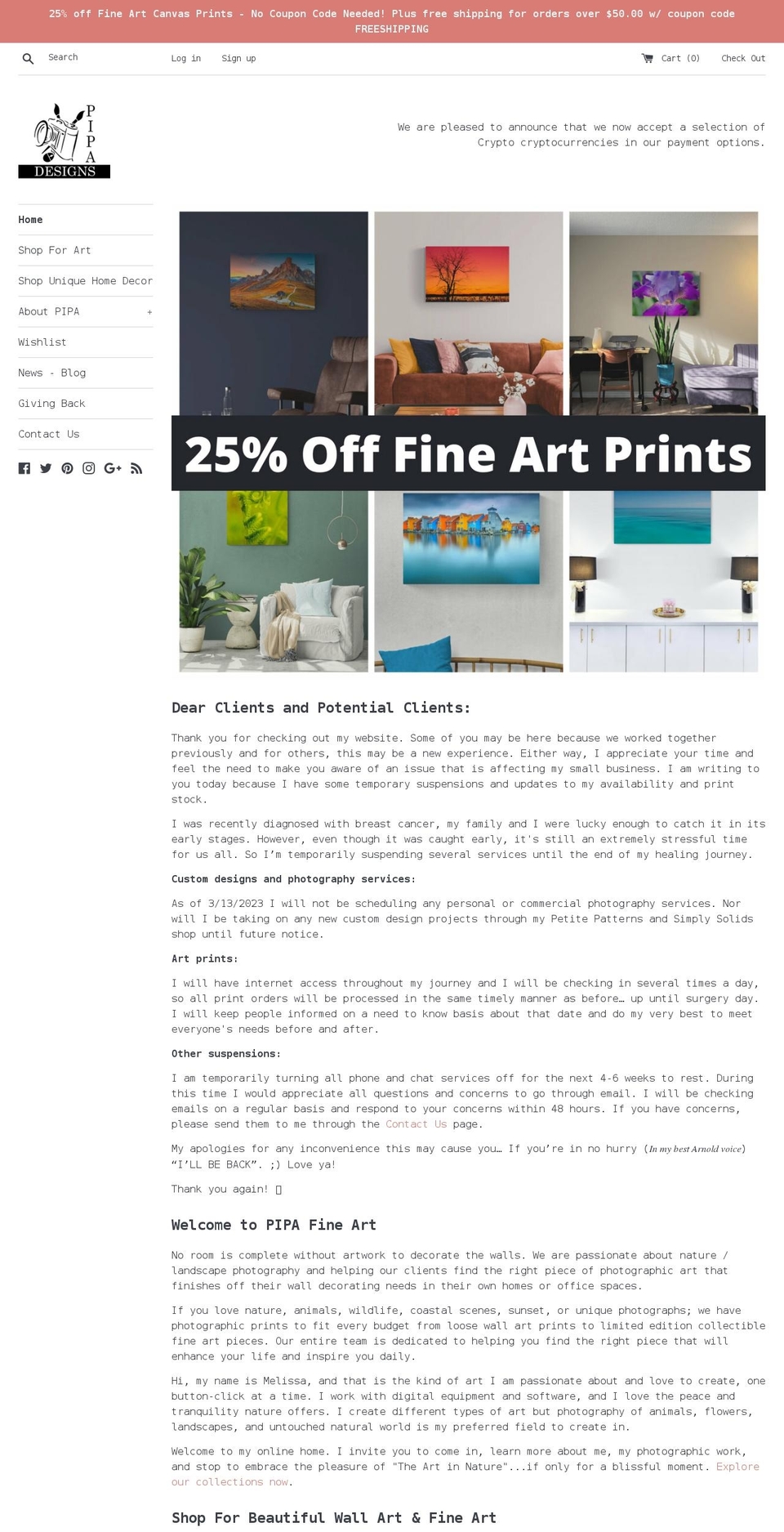 pipafineart.com shopify website screenshot